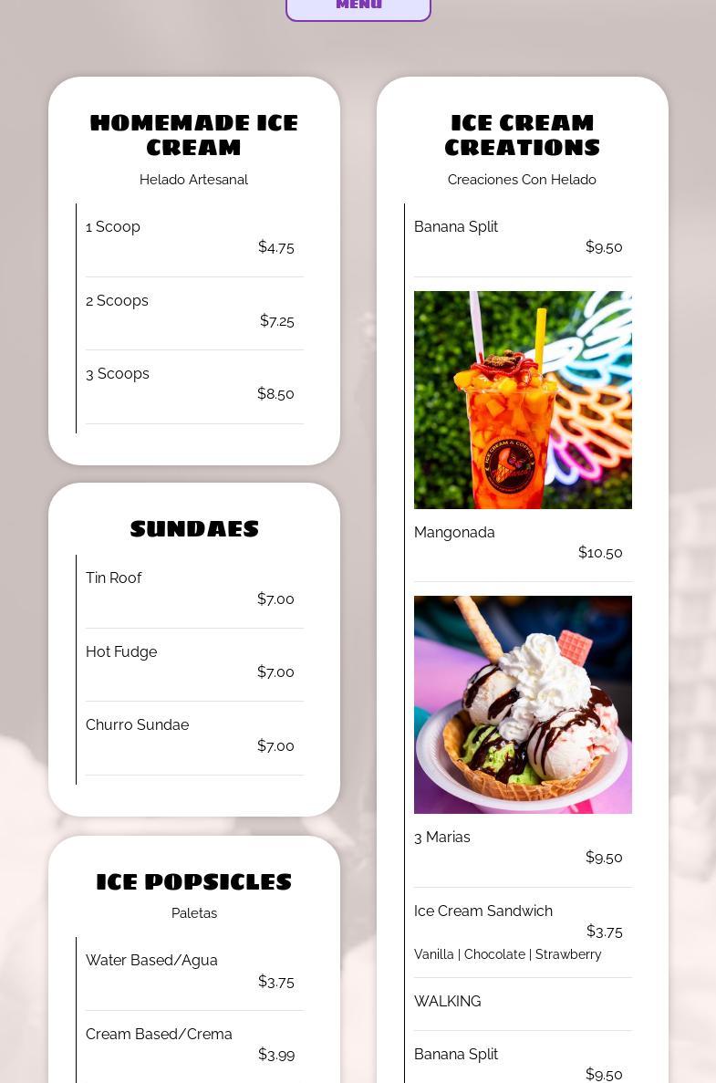 Monarca Ice Cream and Coffee Menu