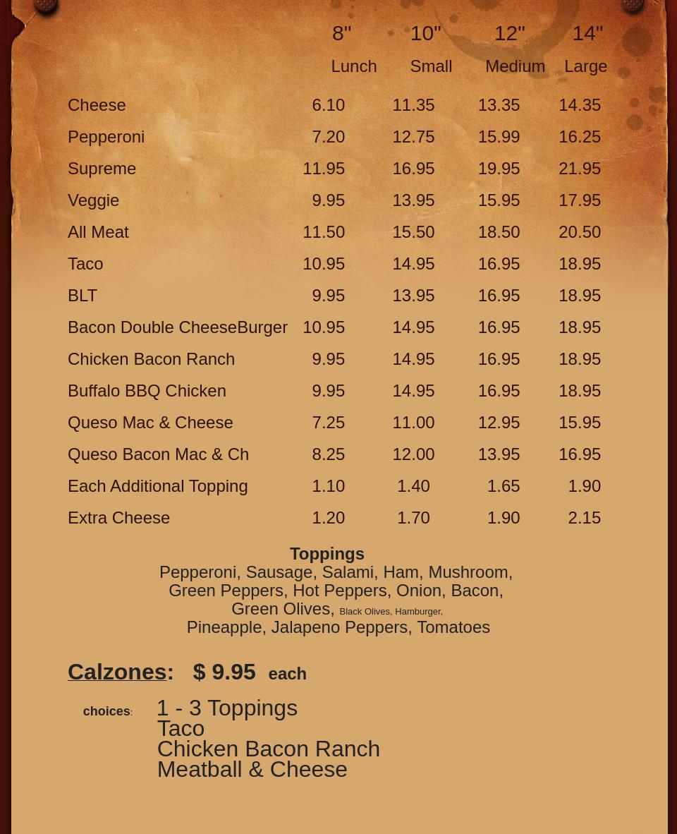 Smitty's Pizza Menu