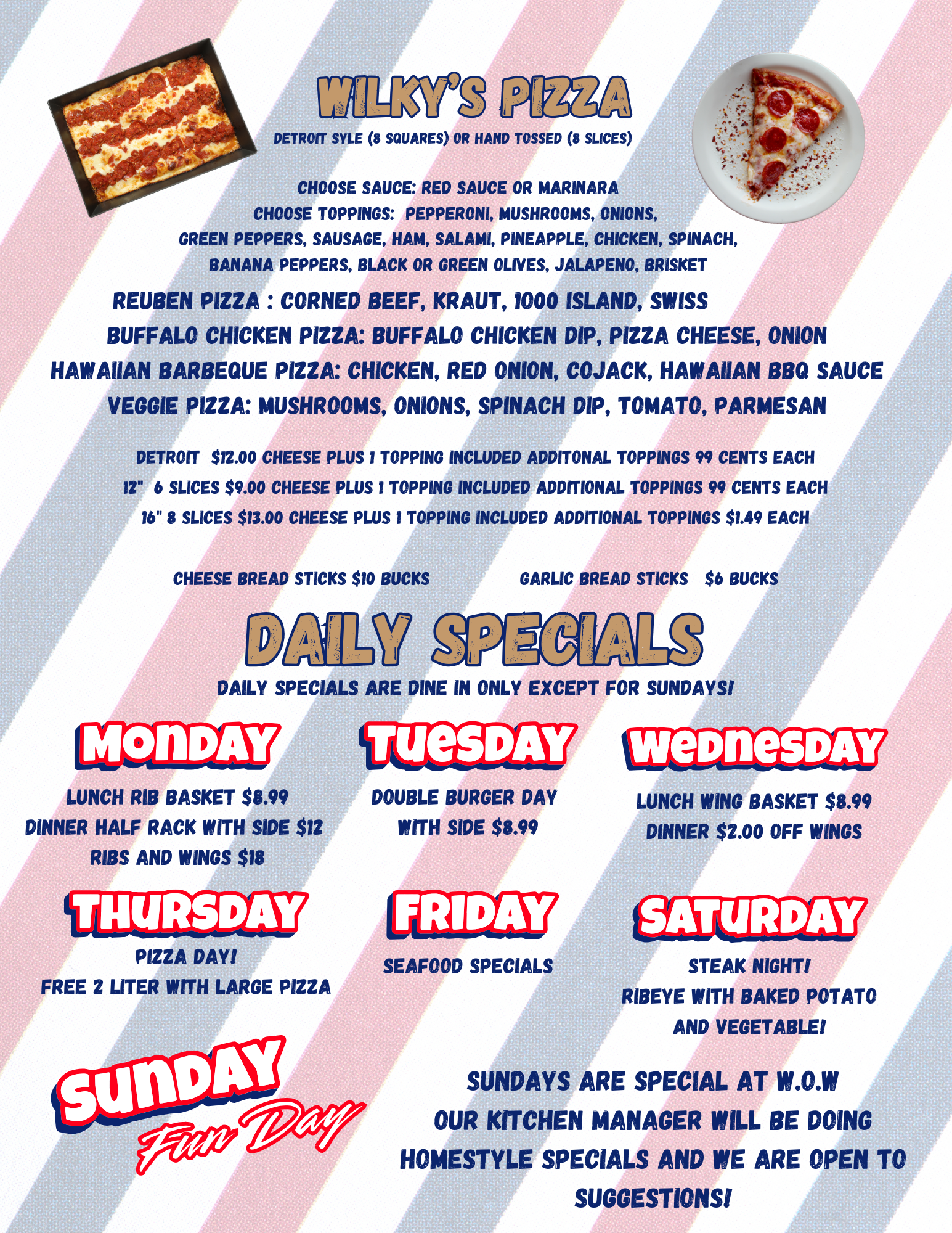 Wilky's On The Water, LLC Menu