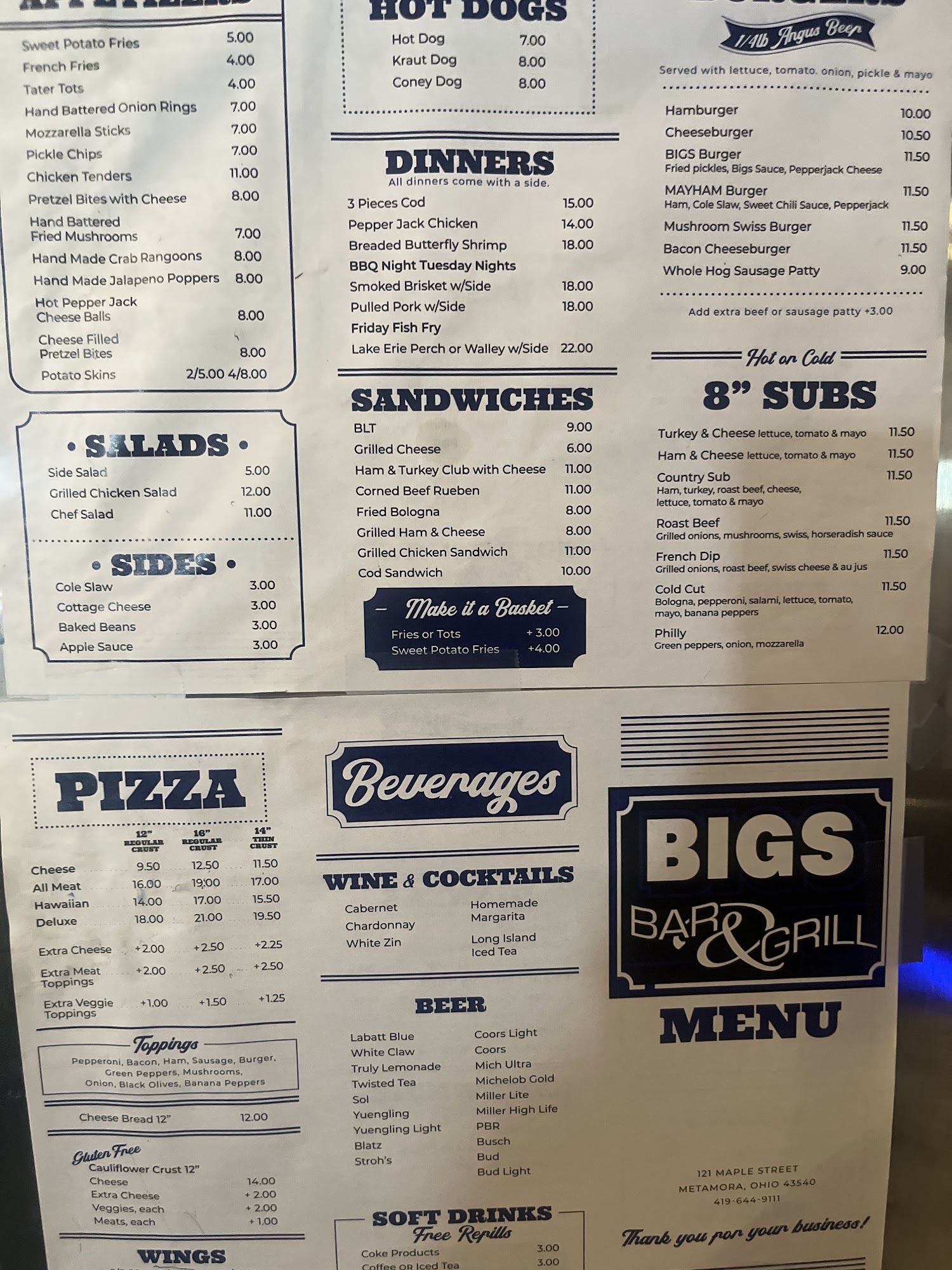 Bigs Bar and Grill Menu