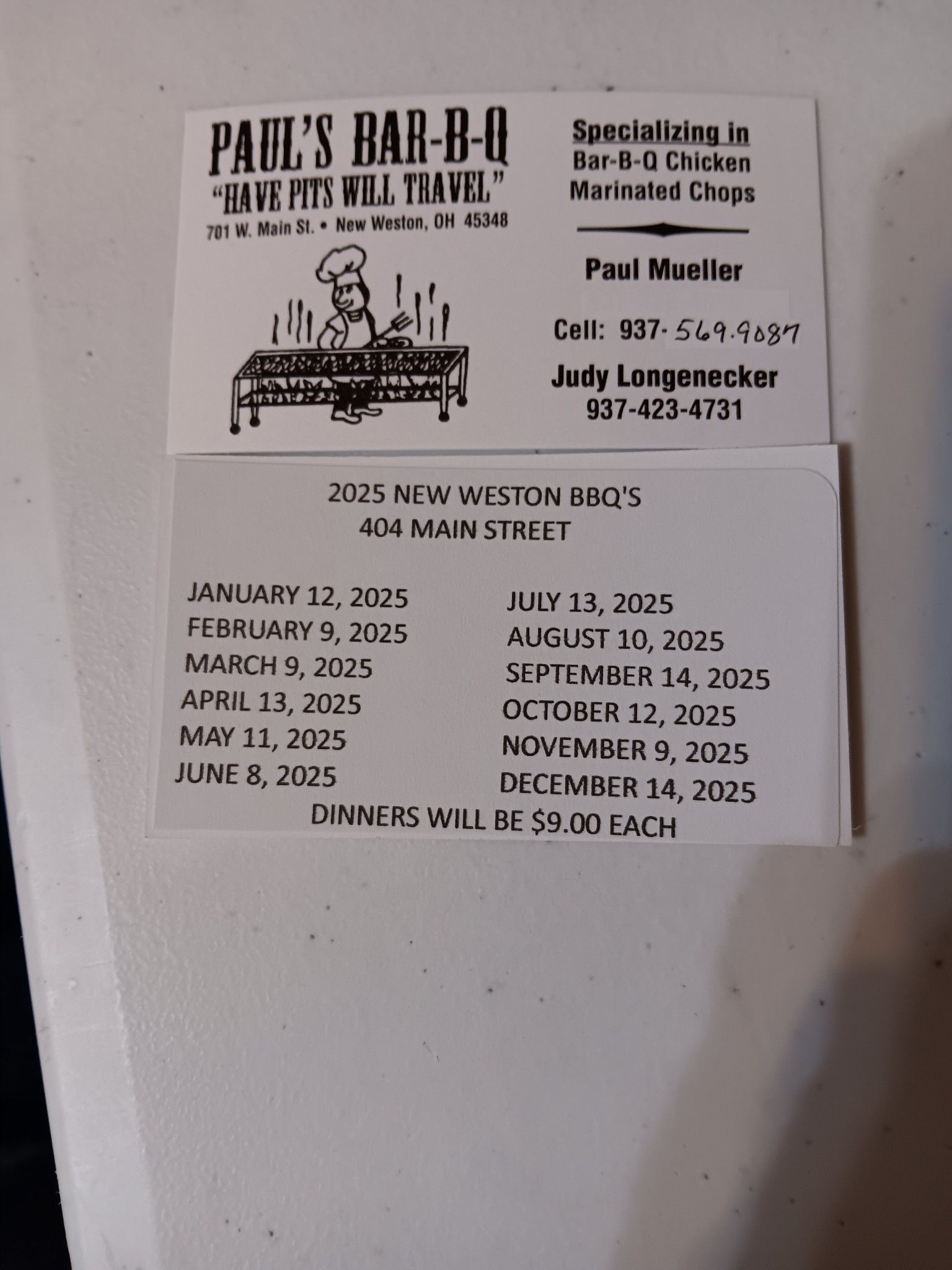 Paul's Bar B Q Menu