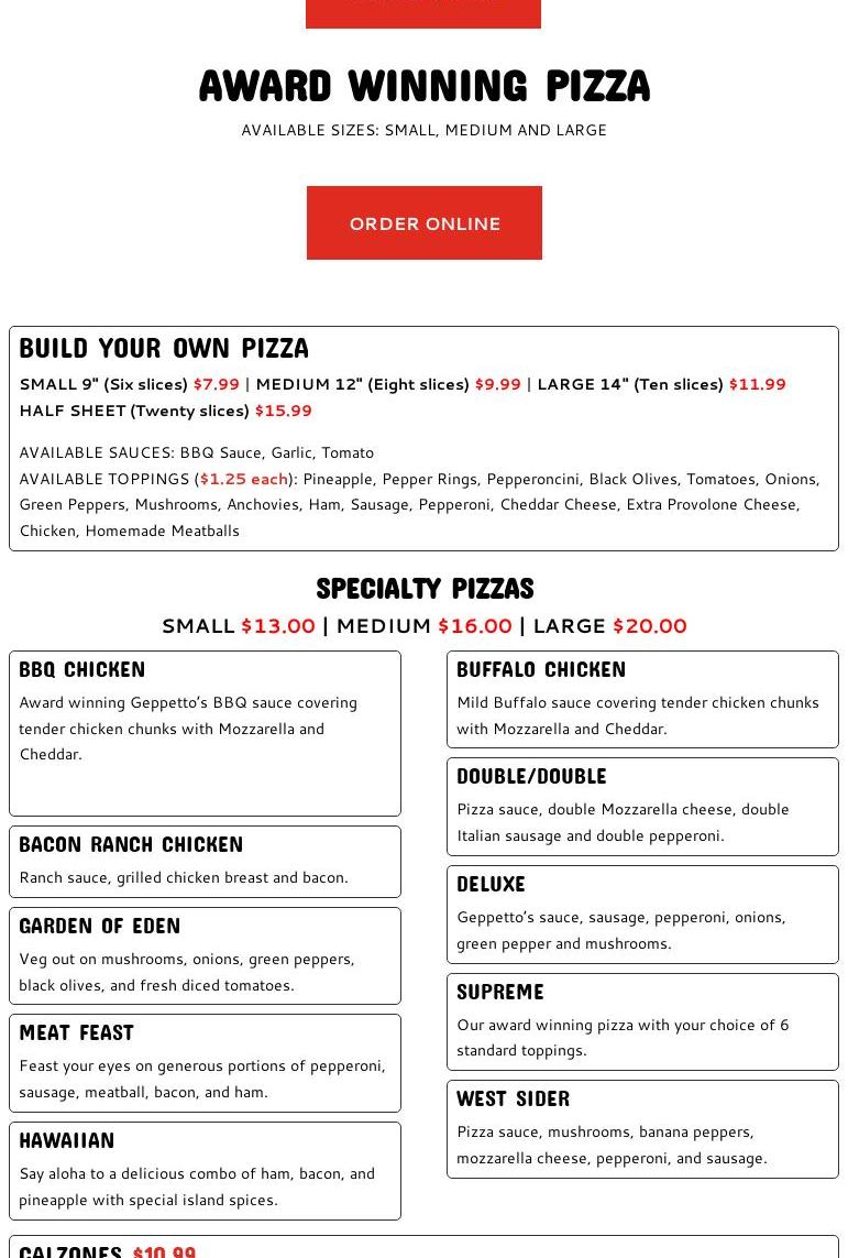 Geppetto's Pizza & Ribs Menu