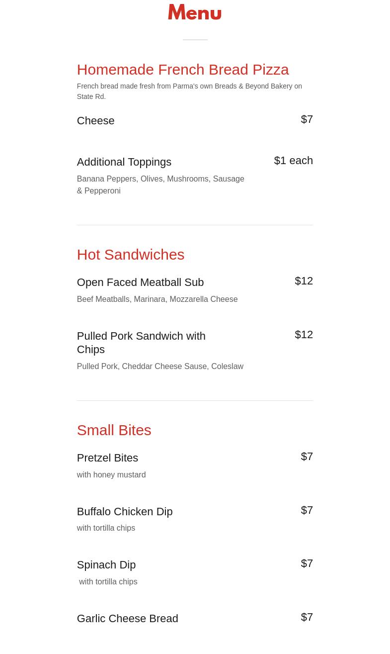 JB's Tavern Menu