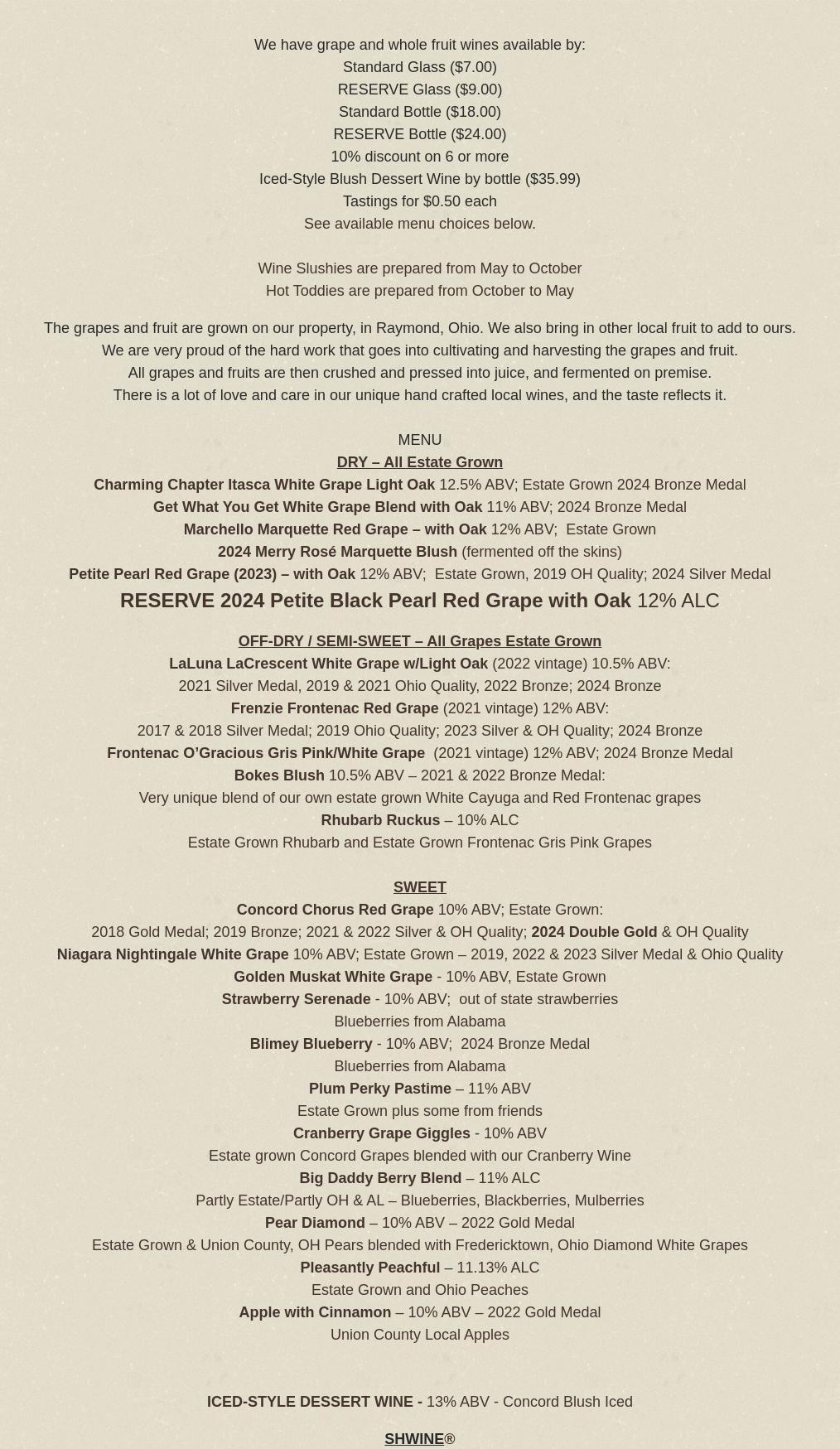 Bokes Creek Winery Menu