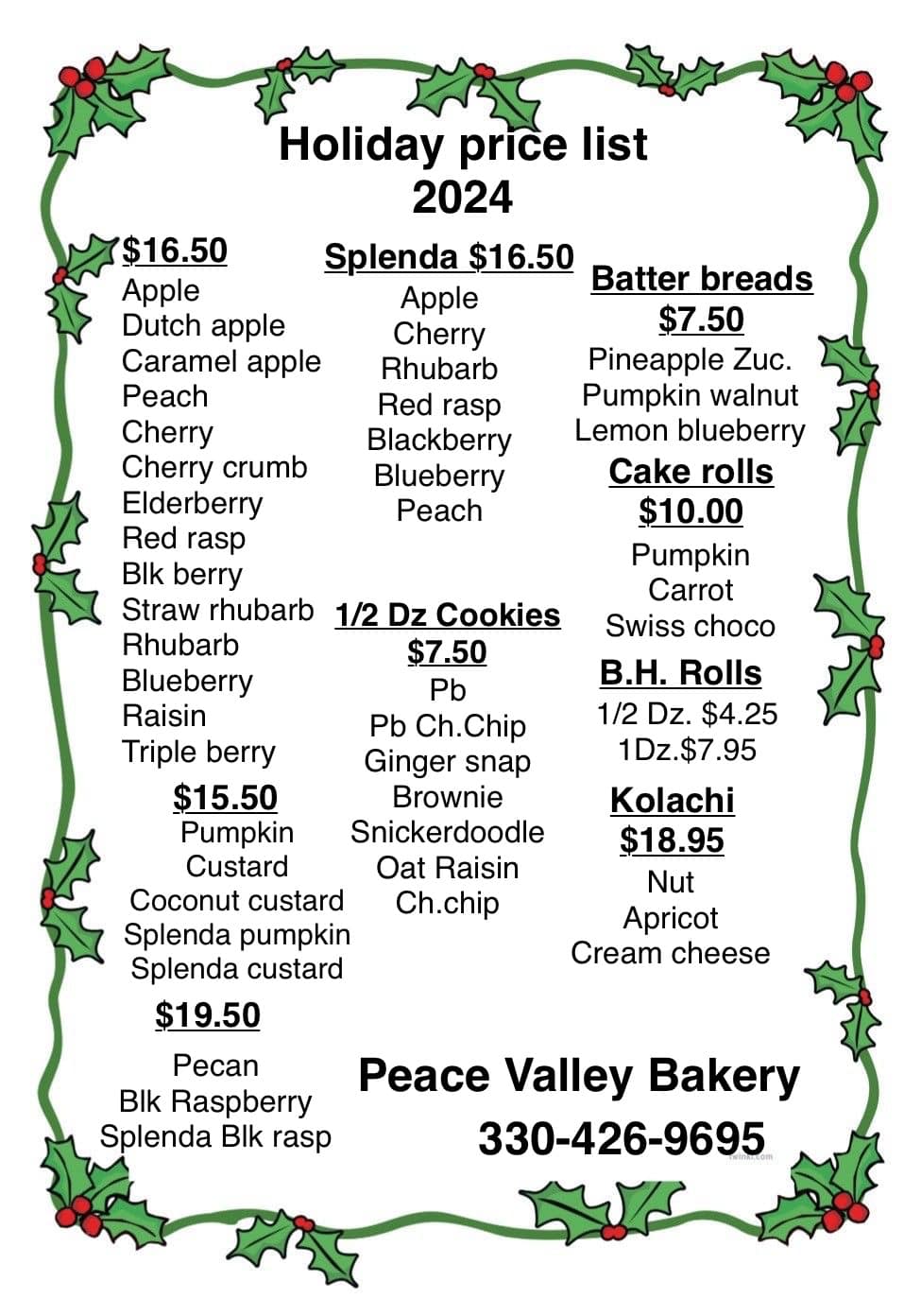 Peace Valley Bakery Menu