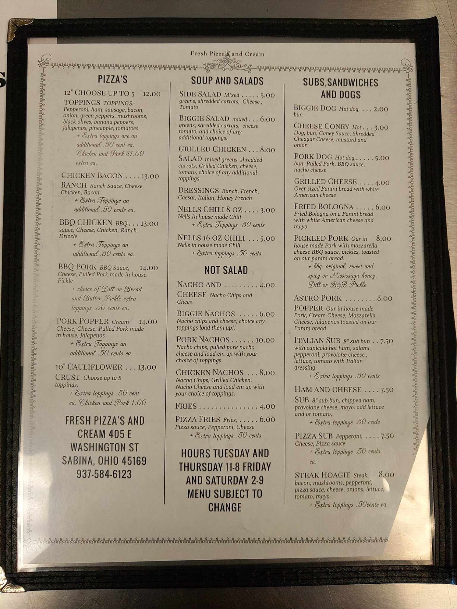 Fresh Pizzas And Cream Menu
