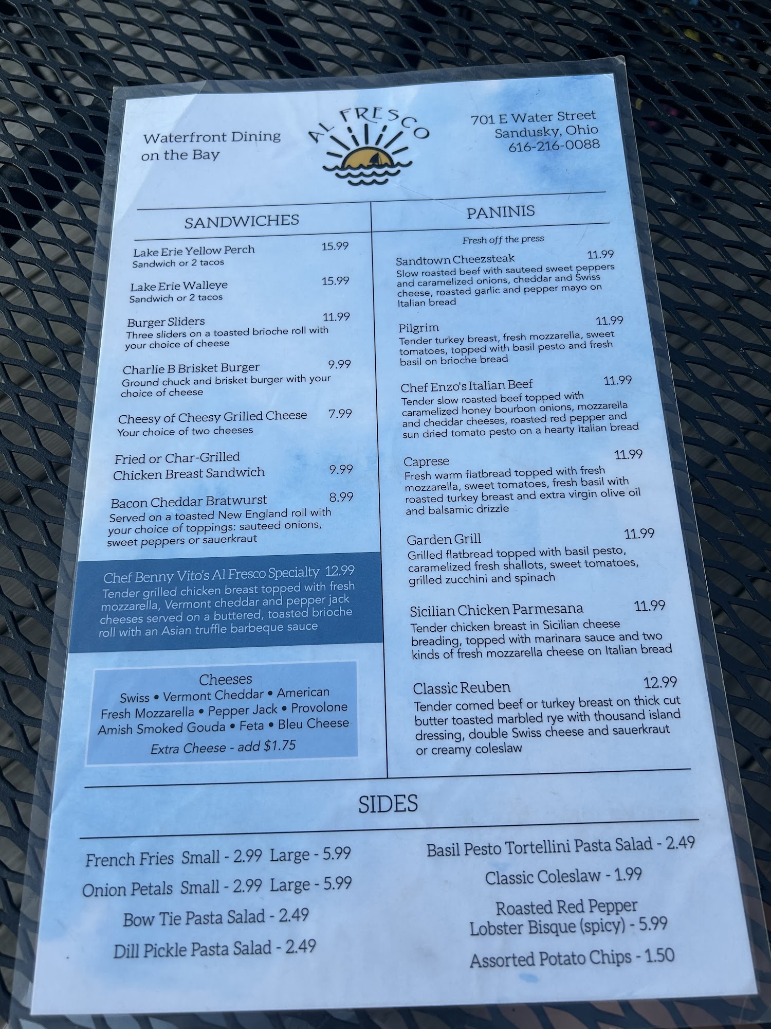 Al Fresco Waterfront Dining on the Bay Menu