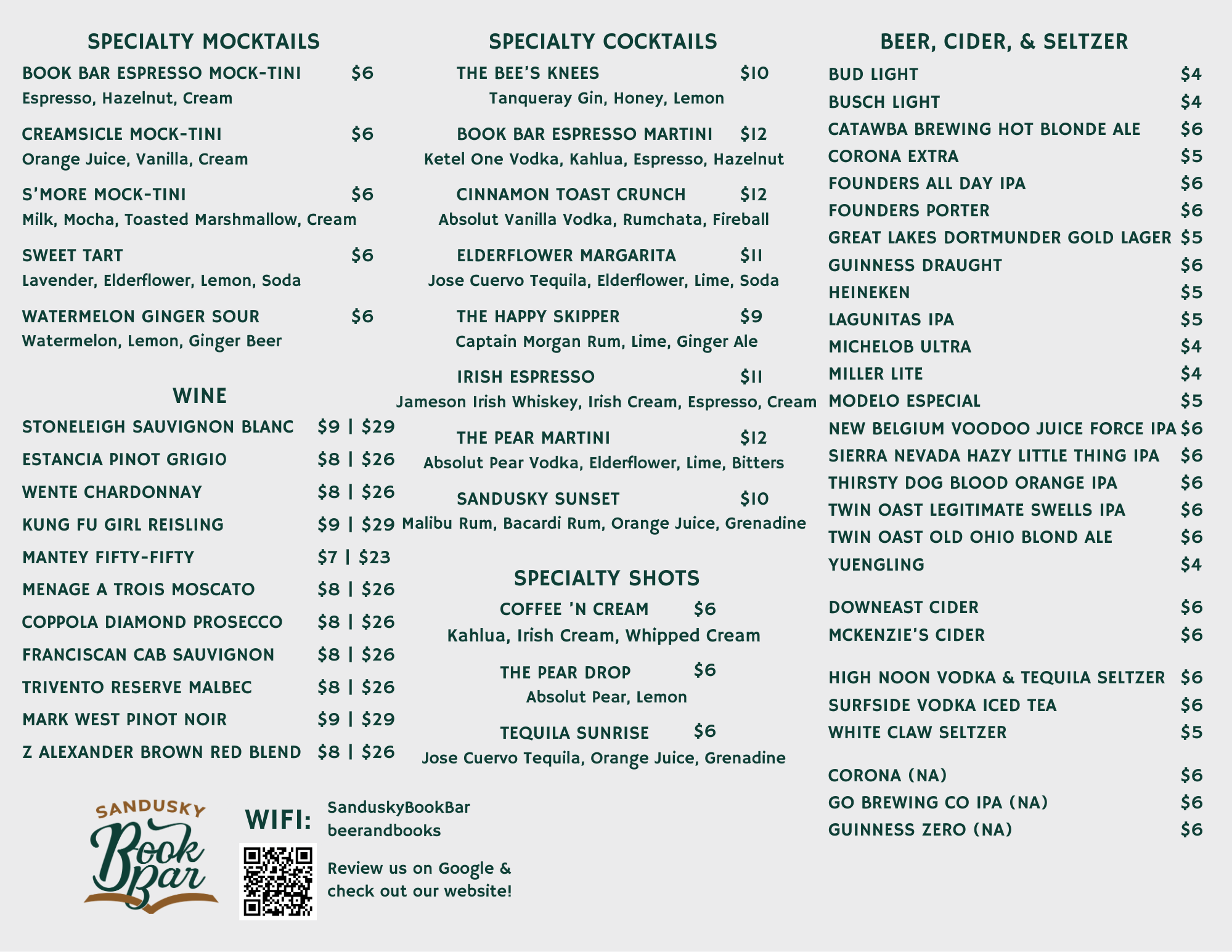 Sandusky Book Bar Menu