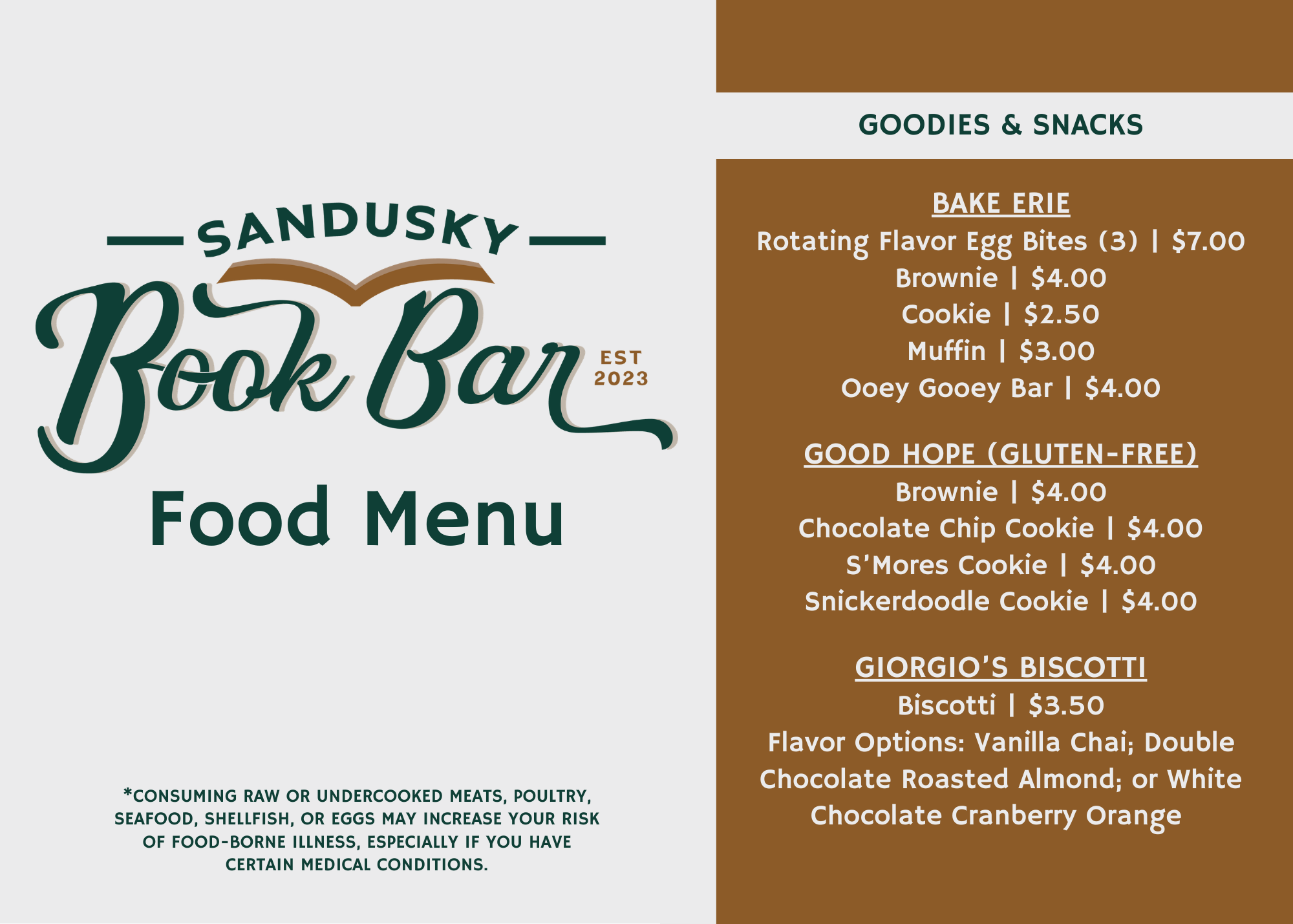 Sandusky Book Bar Menu