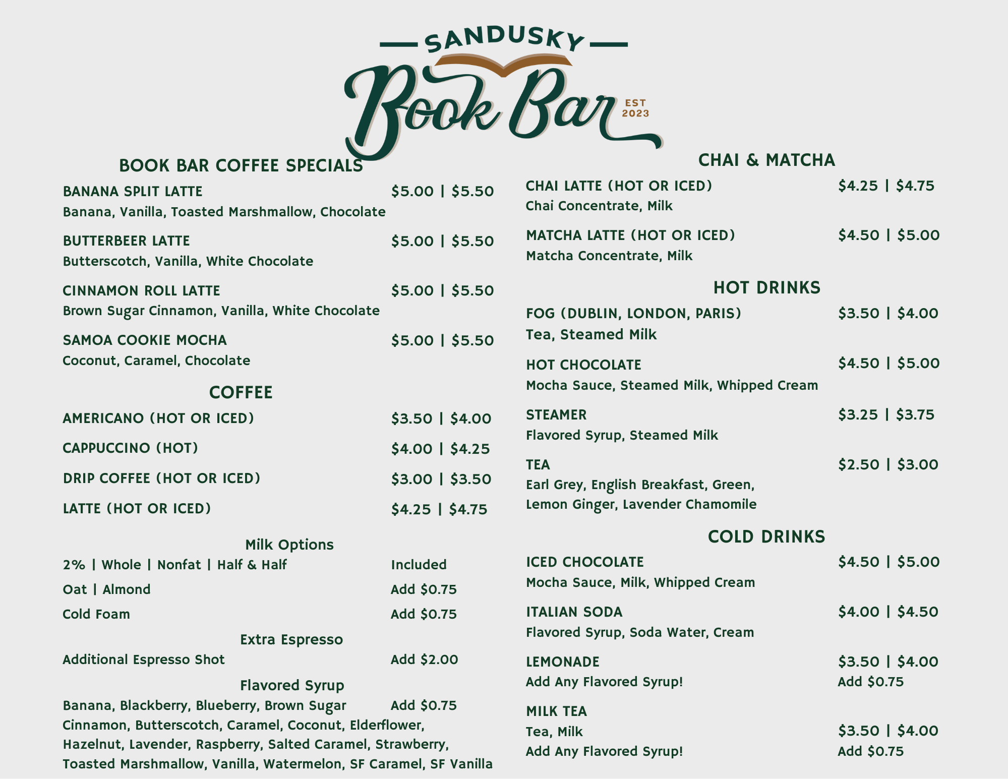 Sandusky Book Bar Menu