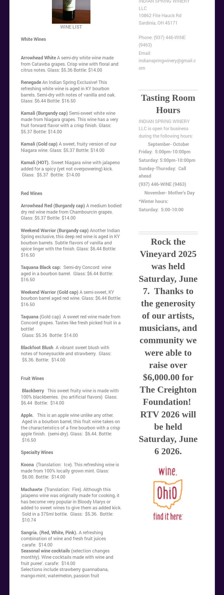 Indian Spring Winery Menu