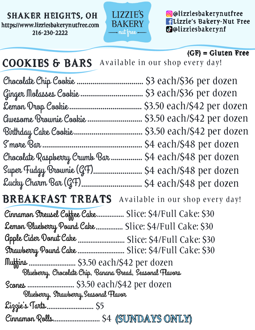 Lizzie’s Bakery Nut Free Menu