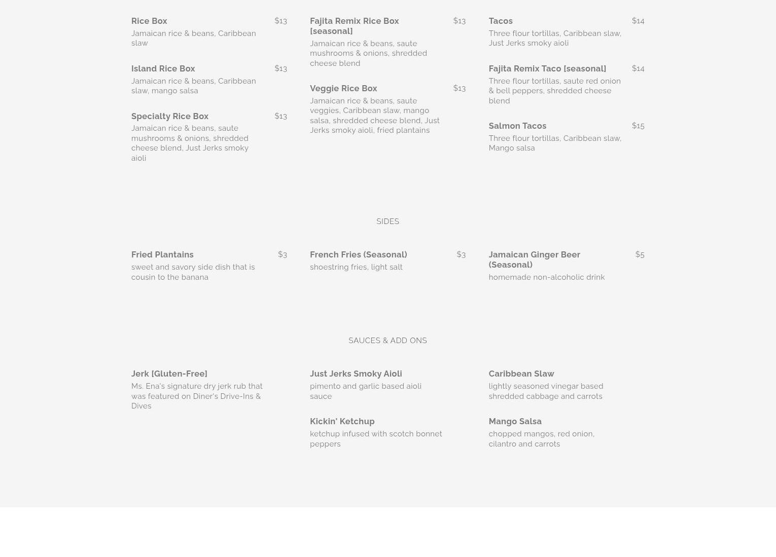 Just Jerks Ena's Jamaican Grill Menu