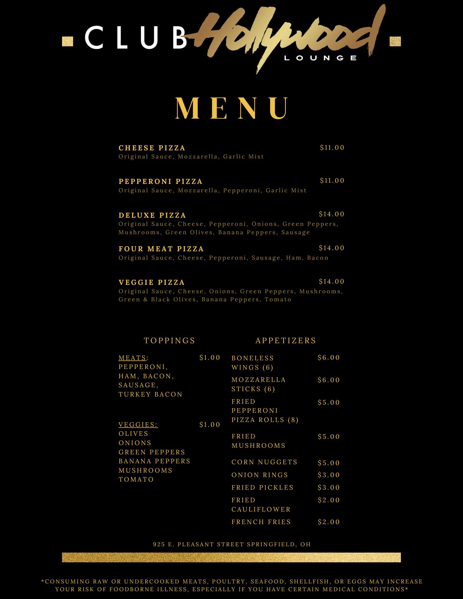 Club Hollywood Menu