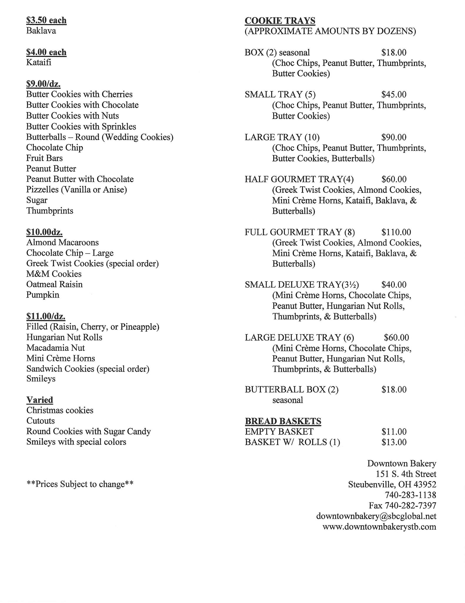 Downtown Bakery Menu