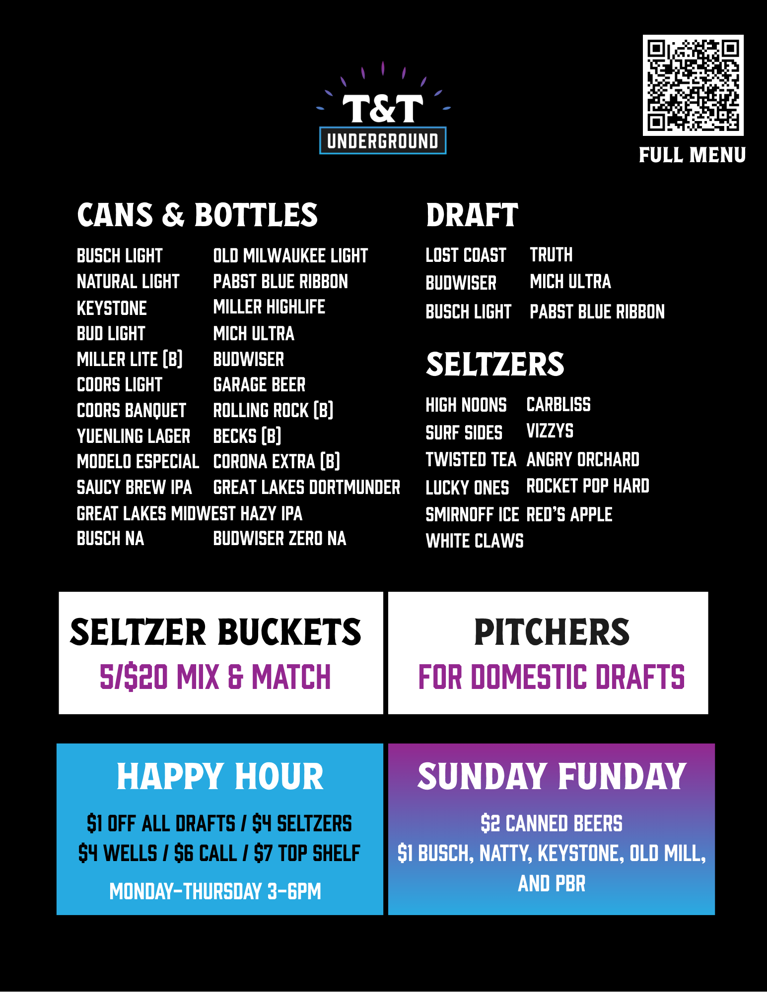 T & T Underground Bar Menu