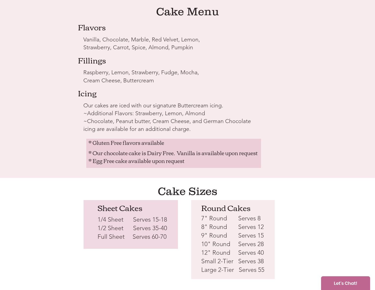 Village Cakery Menu