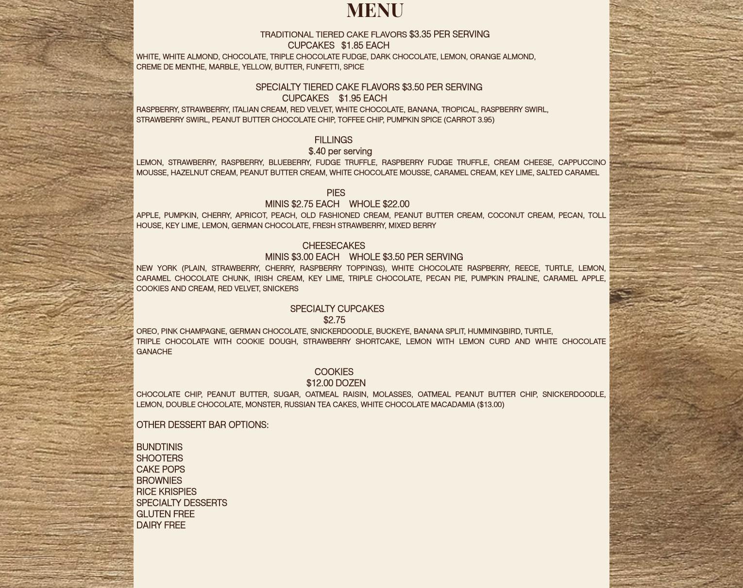 Cakes by Jerri Deeter Menu