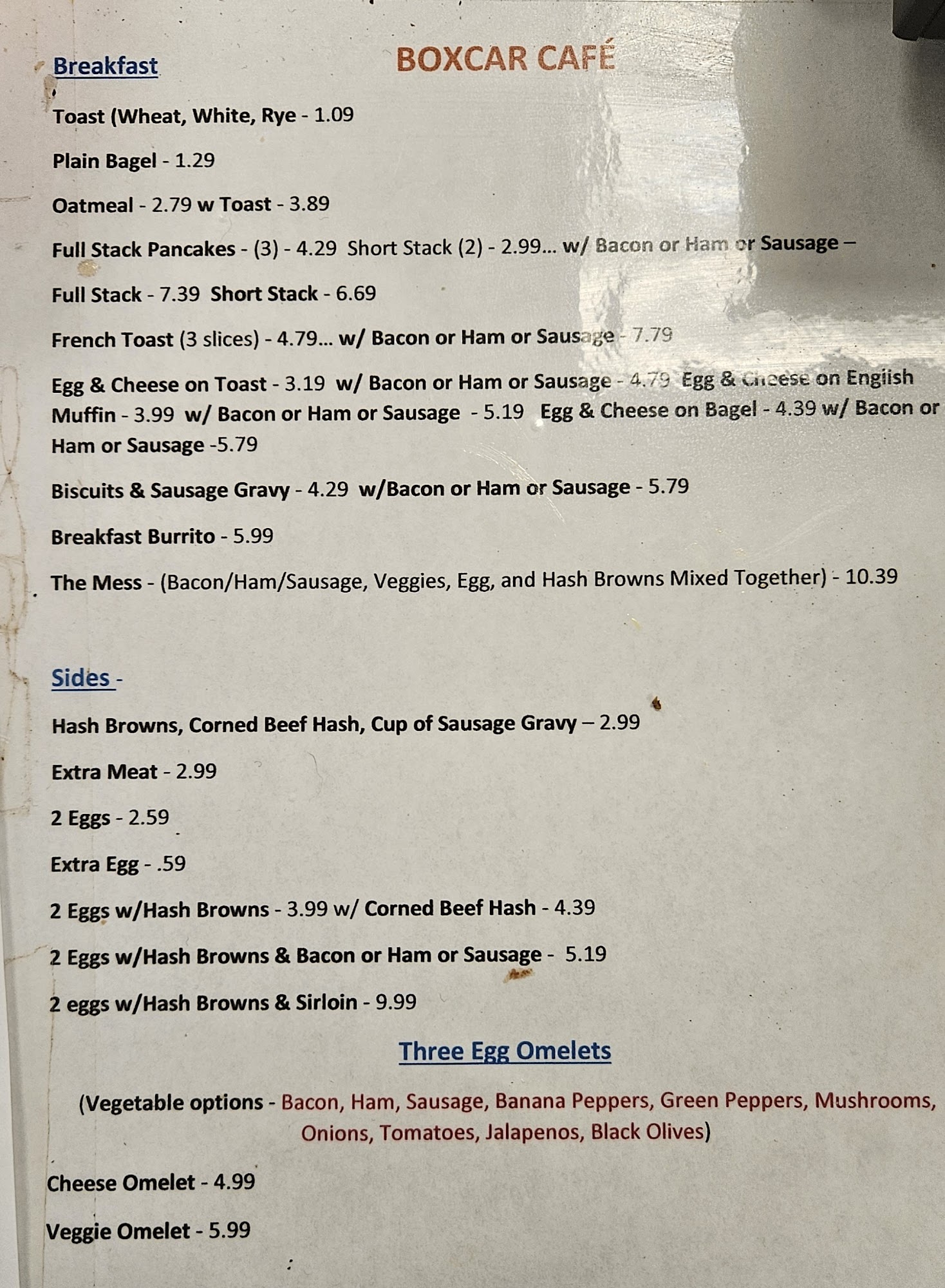 The Boxcar Cafe Menu