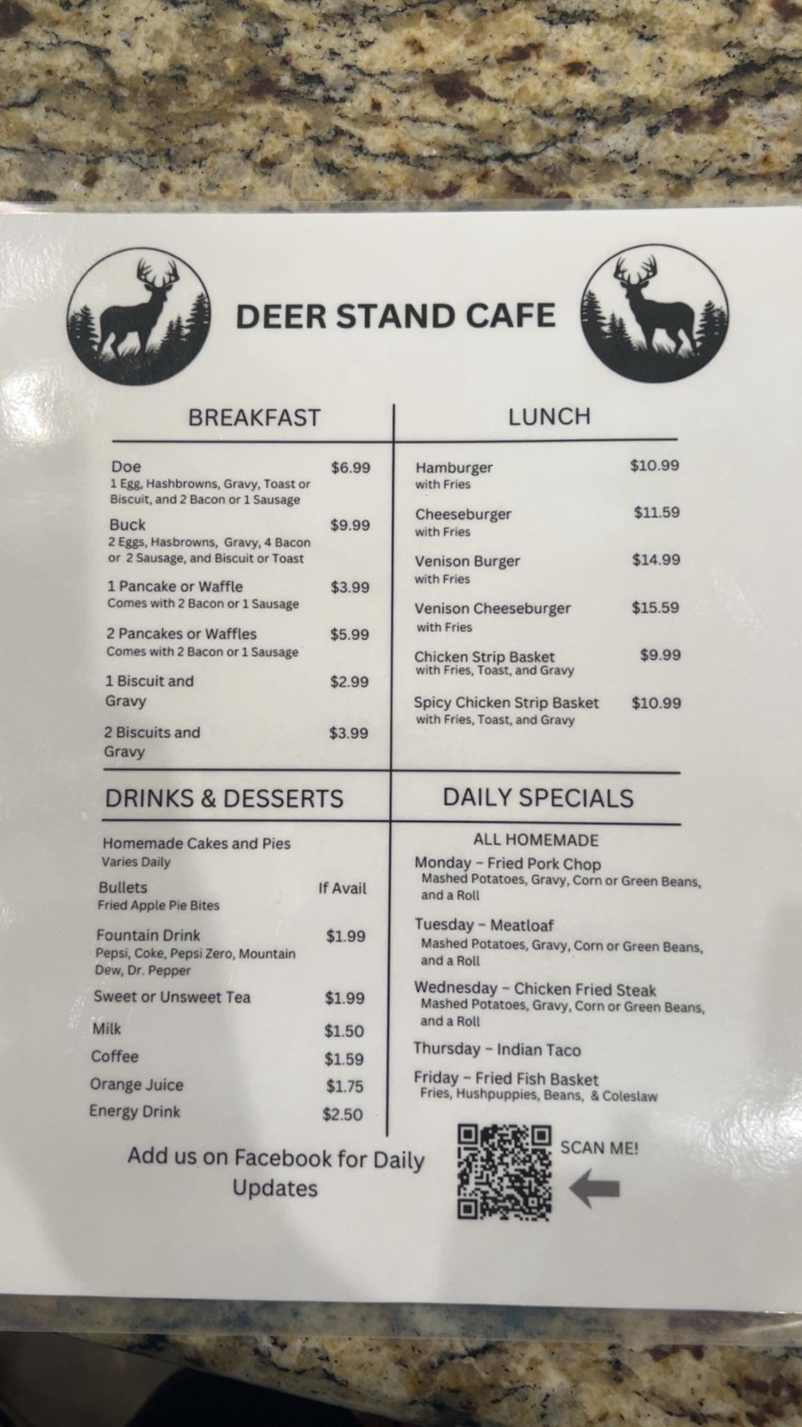 Deer Stand Cafe Menu
