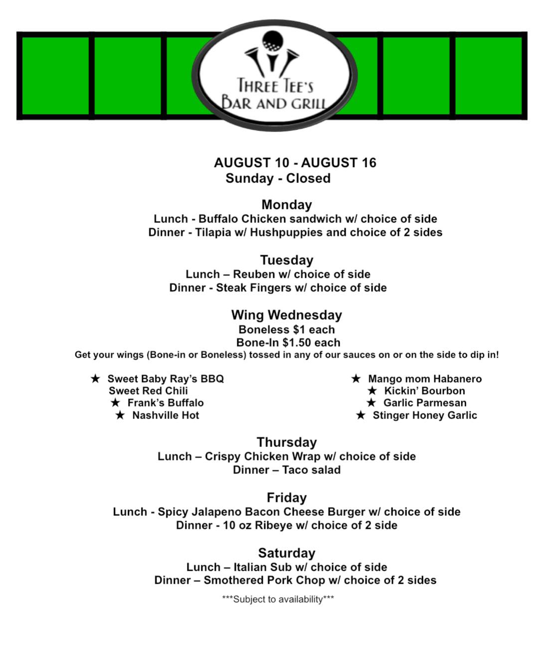 Three Tee's Bar & Grill Menu