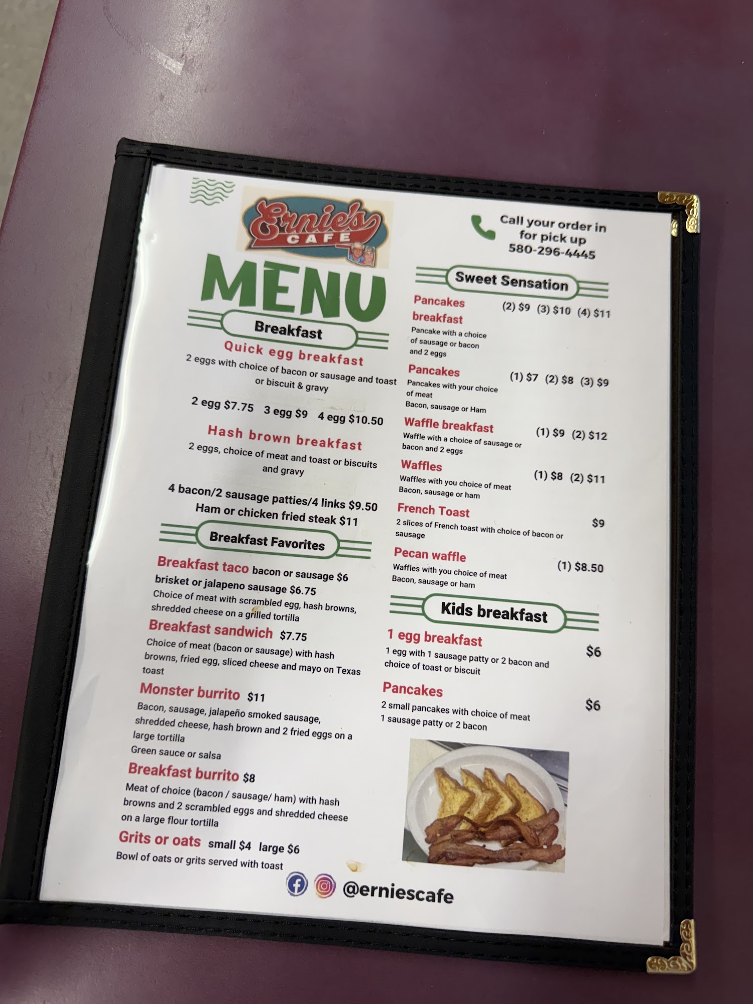 Ernie’s Cafe Menu