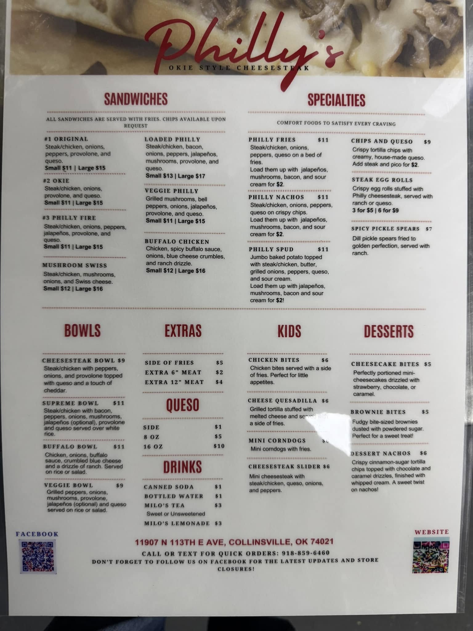 Philly's & Co okie style cheese steak food truck Menu
