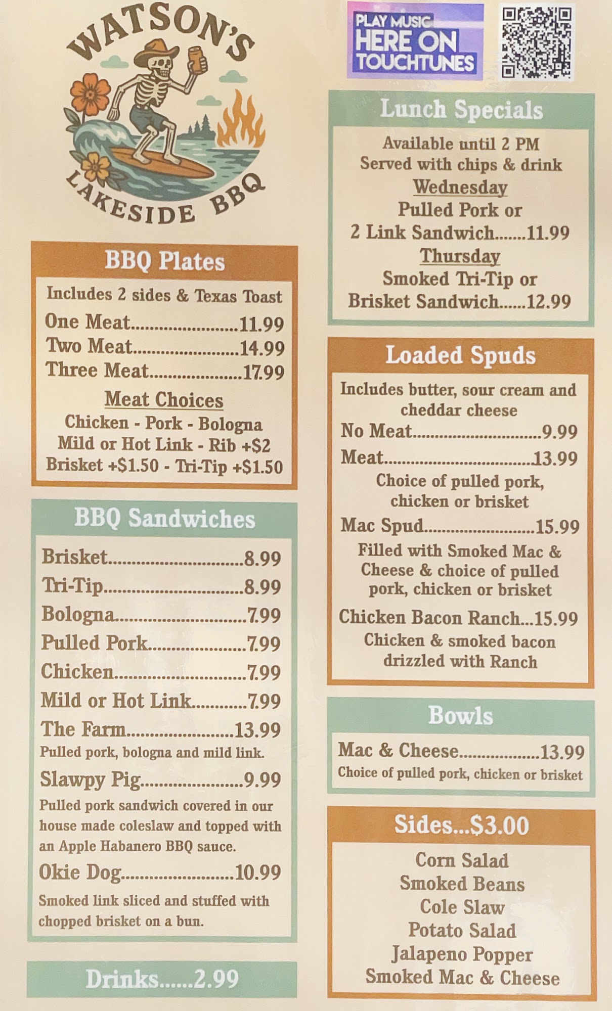 Watsons Lakeside BBQ & Boils Menu