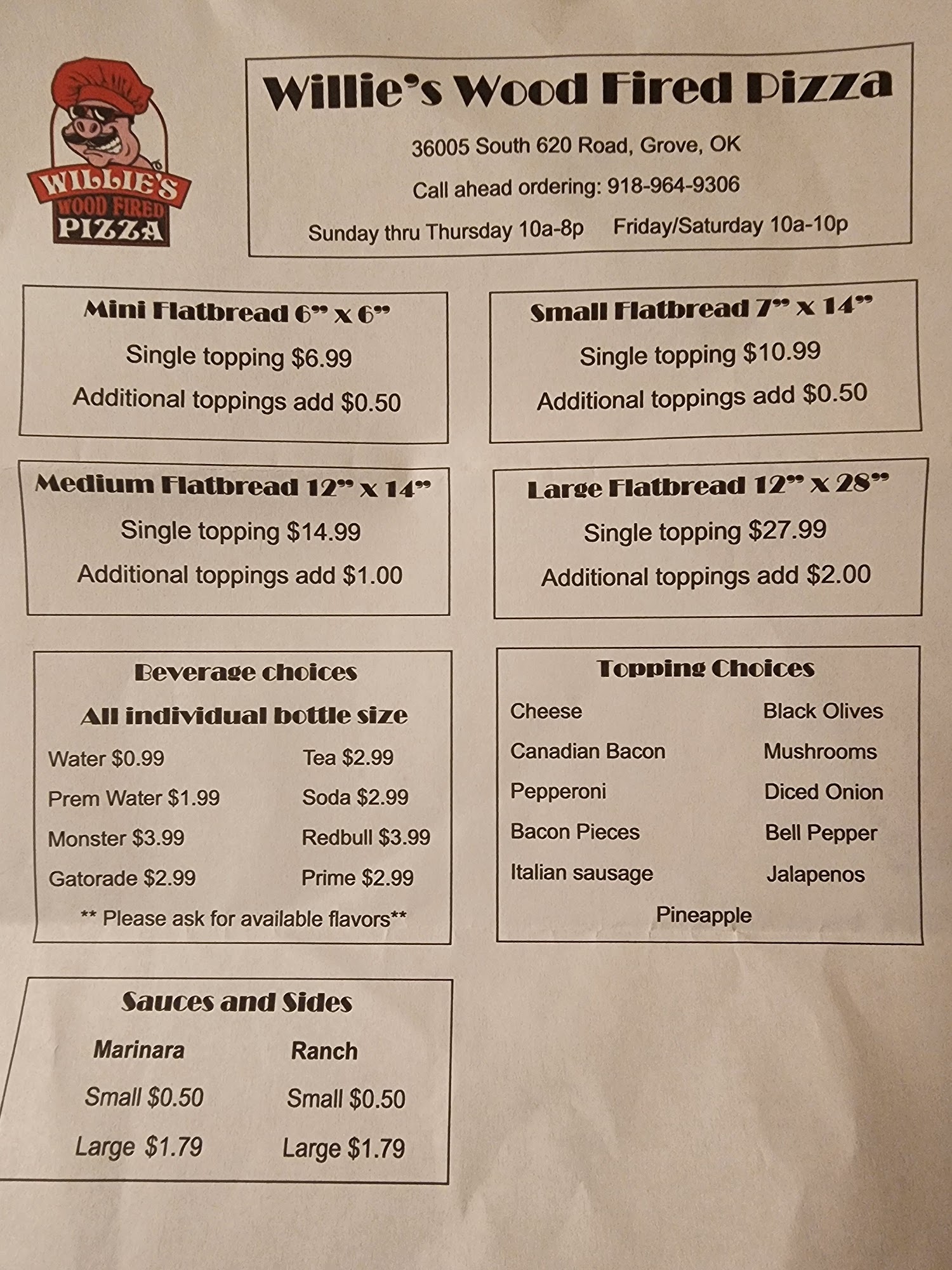 Willie's Wood Fire Pizza Menu