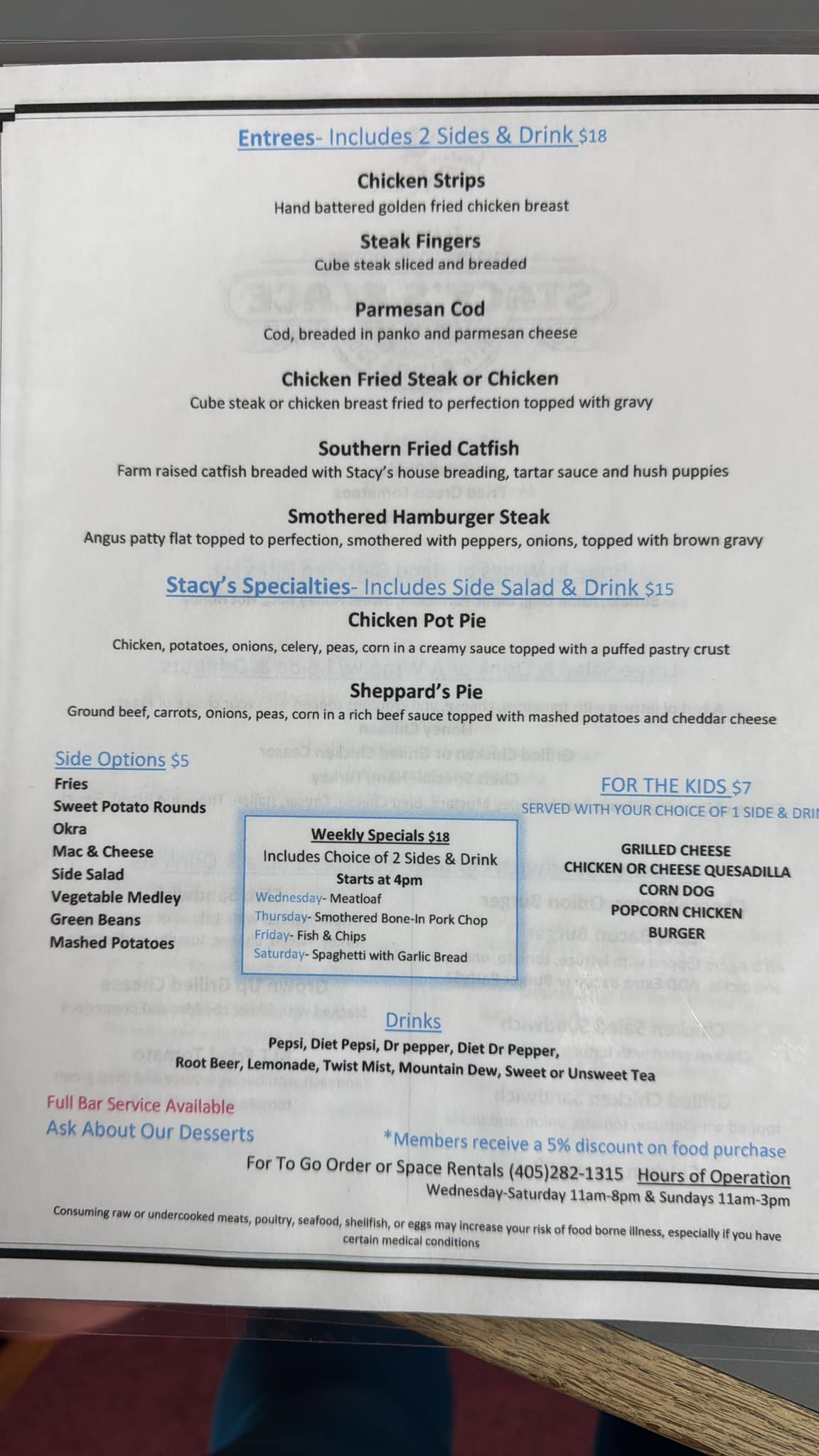 Stacy's Place Menu