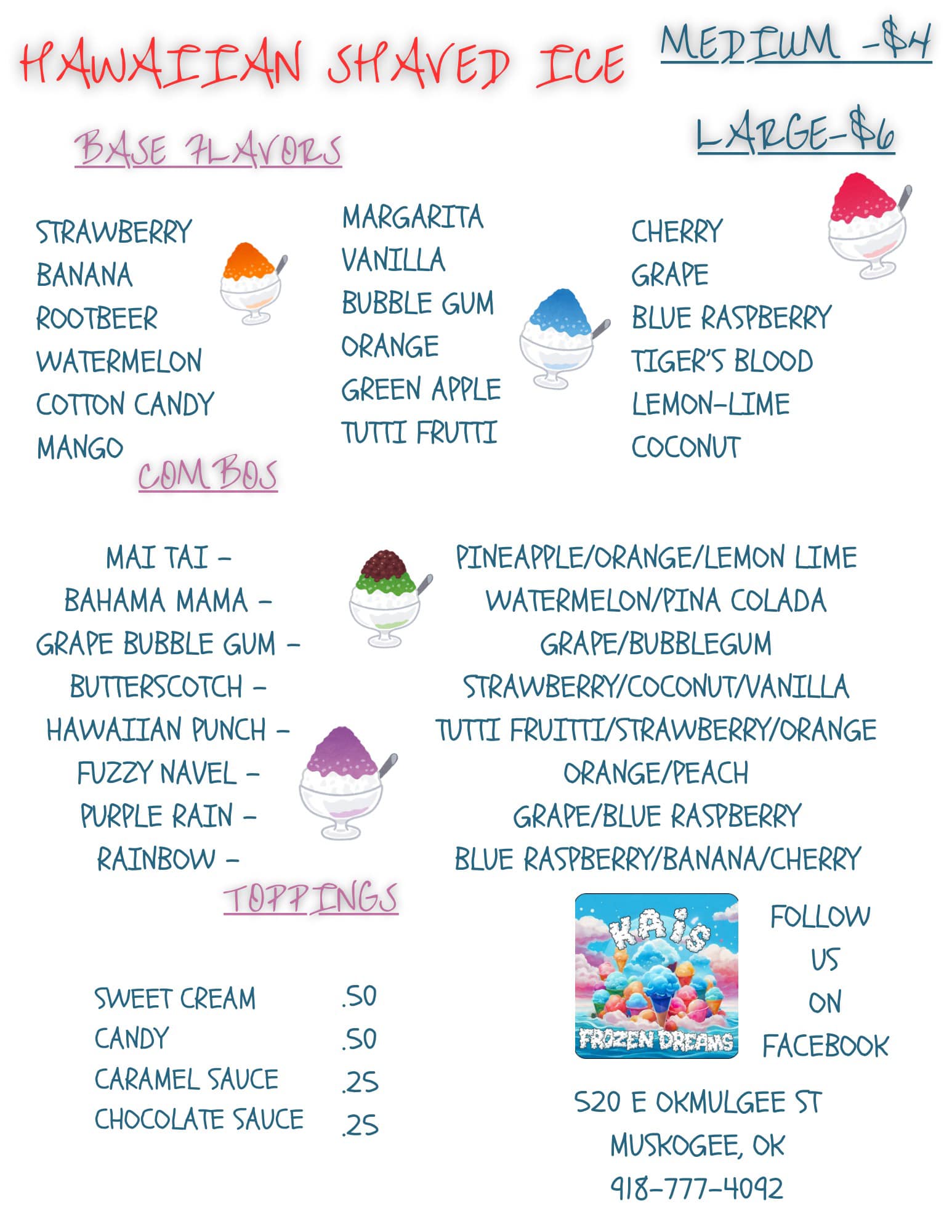 Kai’s Frozen Dreams Menu