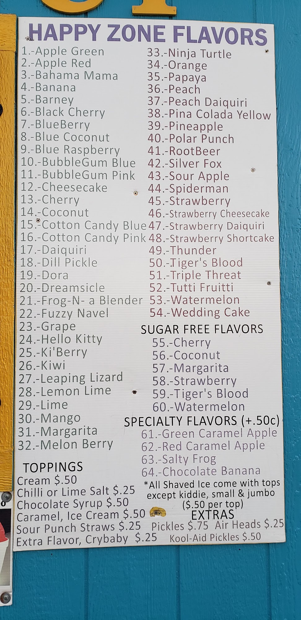 HAPPY ZONE SHAVED ICE LLC Menu