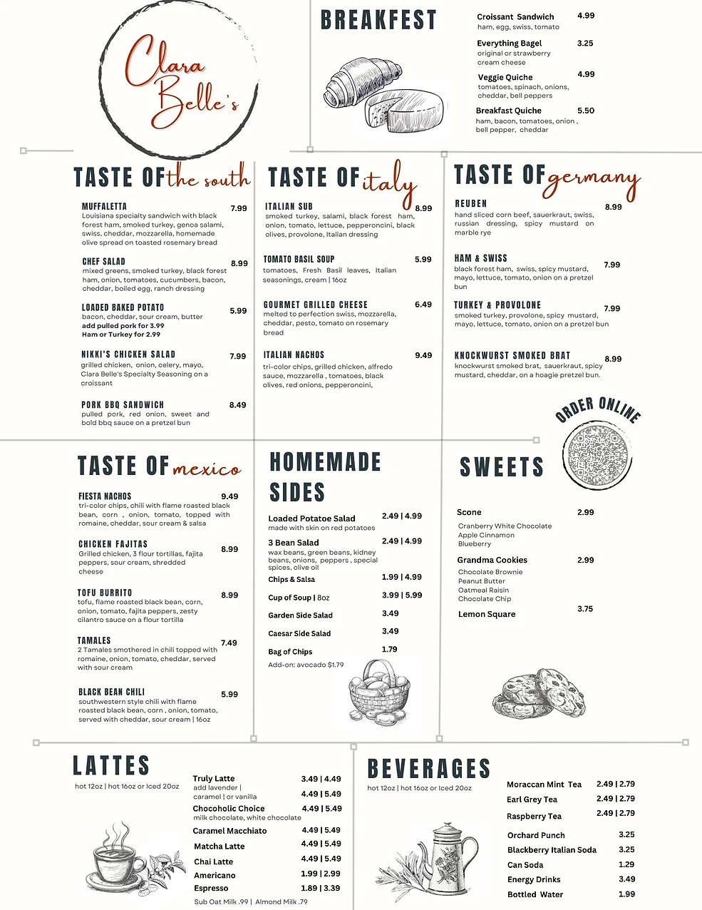 Clara Belle's Cafe Menu