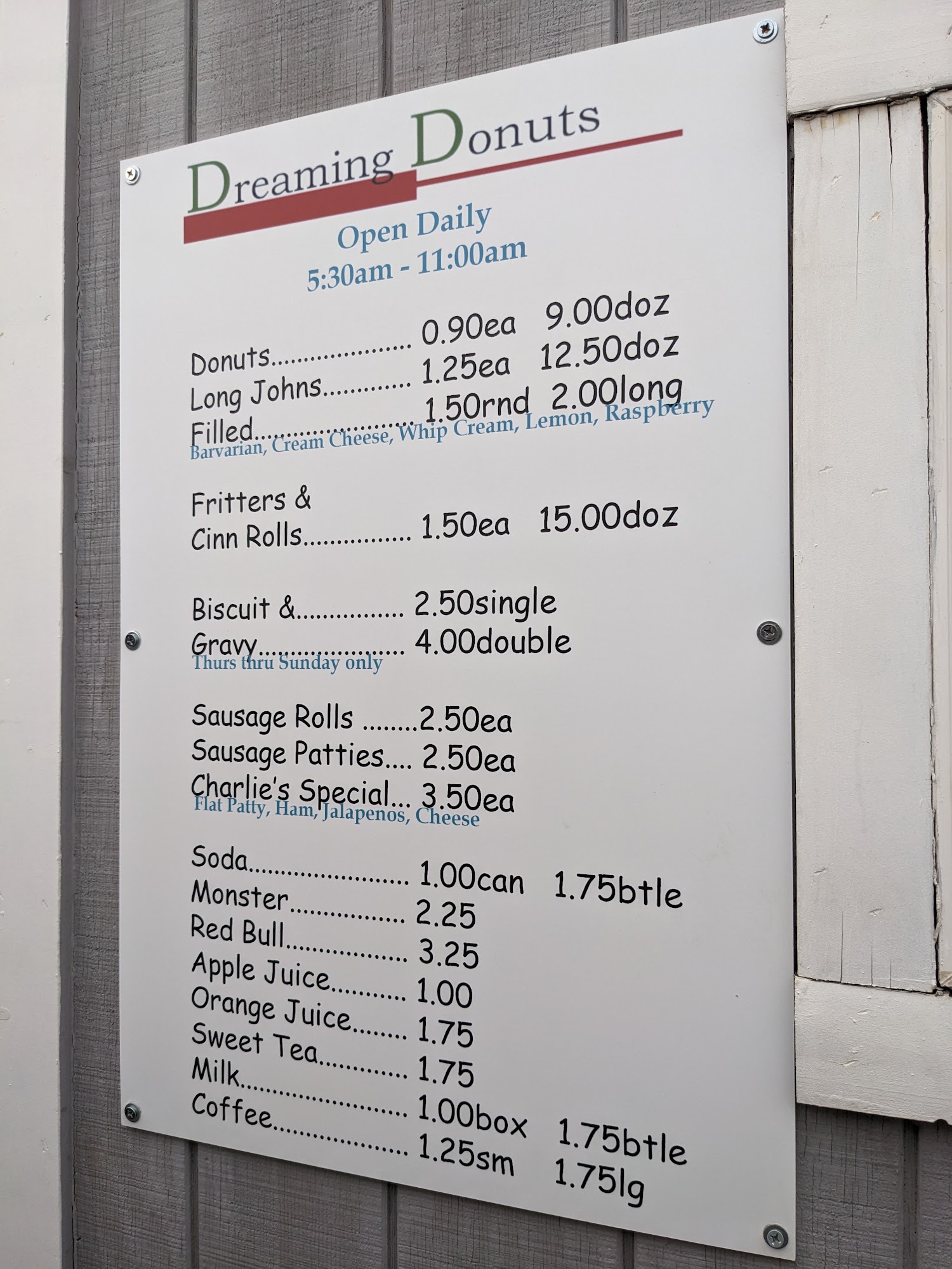 Dreaming Donuts Menu