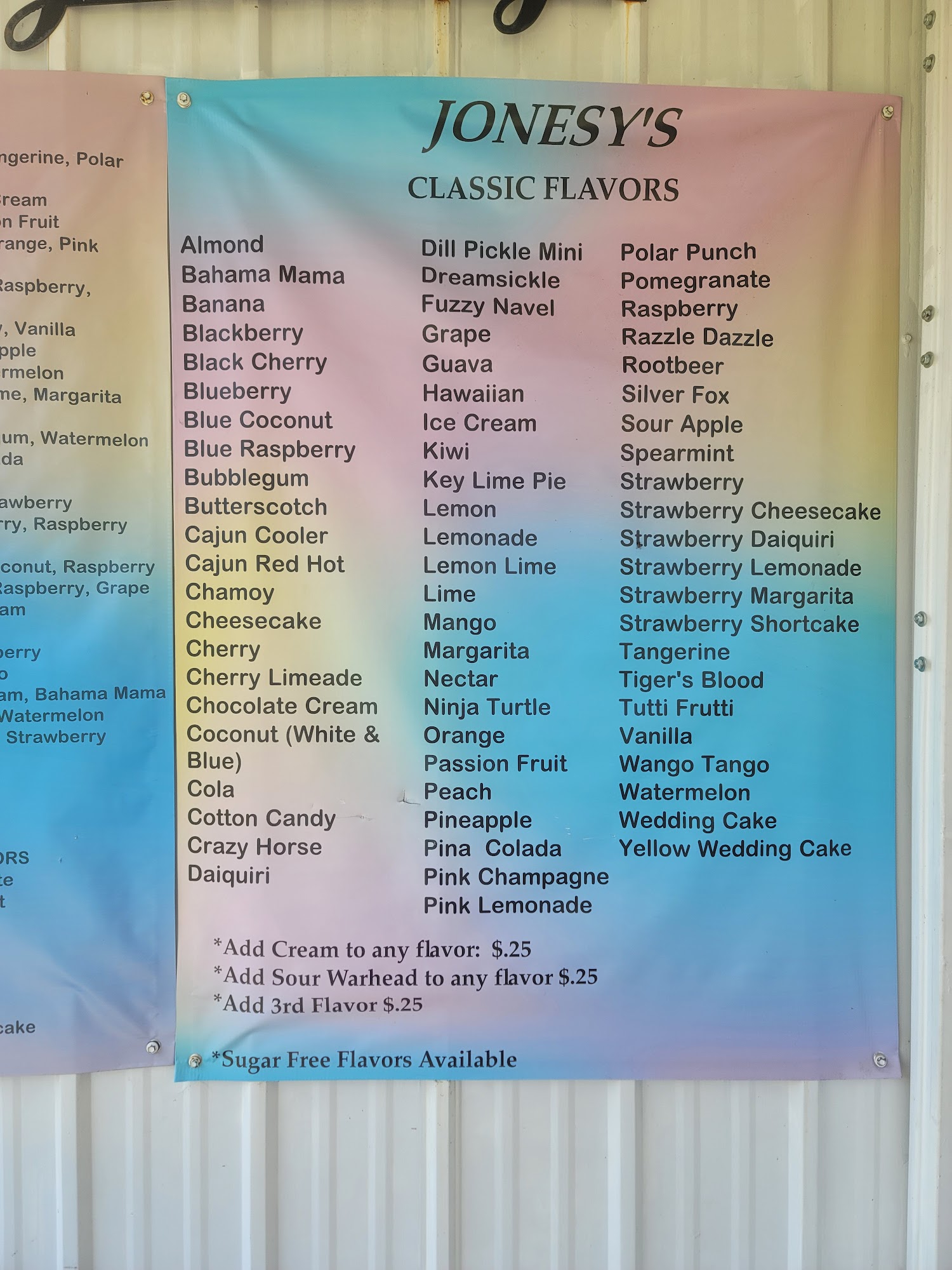 Jonsey's Shaved Ice Delight Menu
