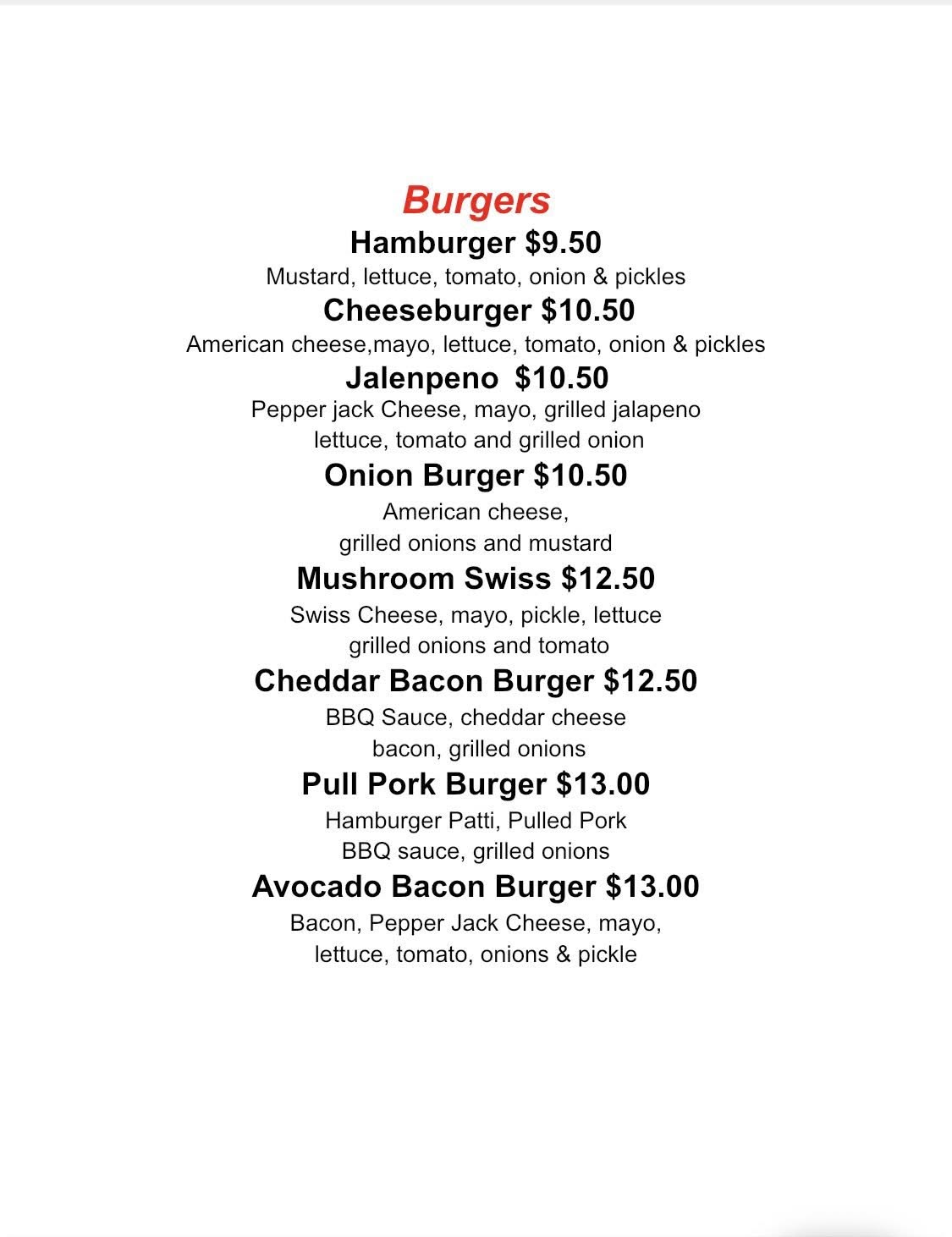 Robert's Place on Wheels Menu