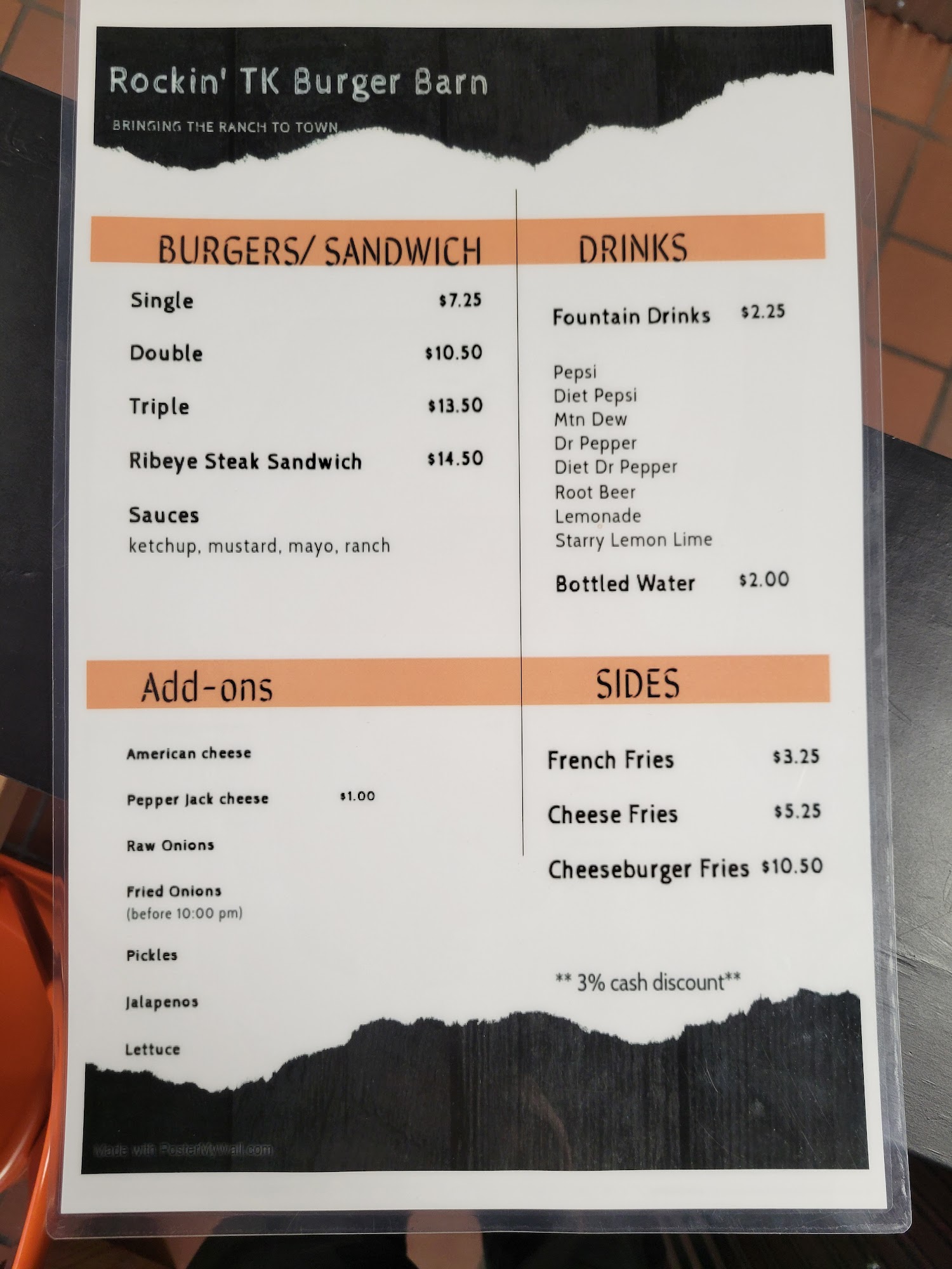 TK Burger Barn Menu