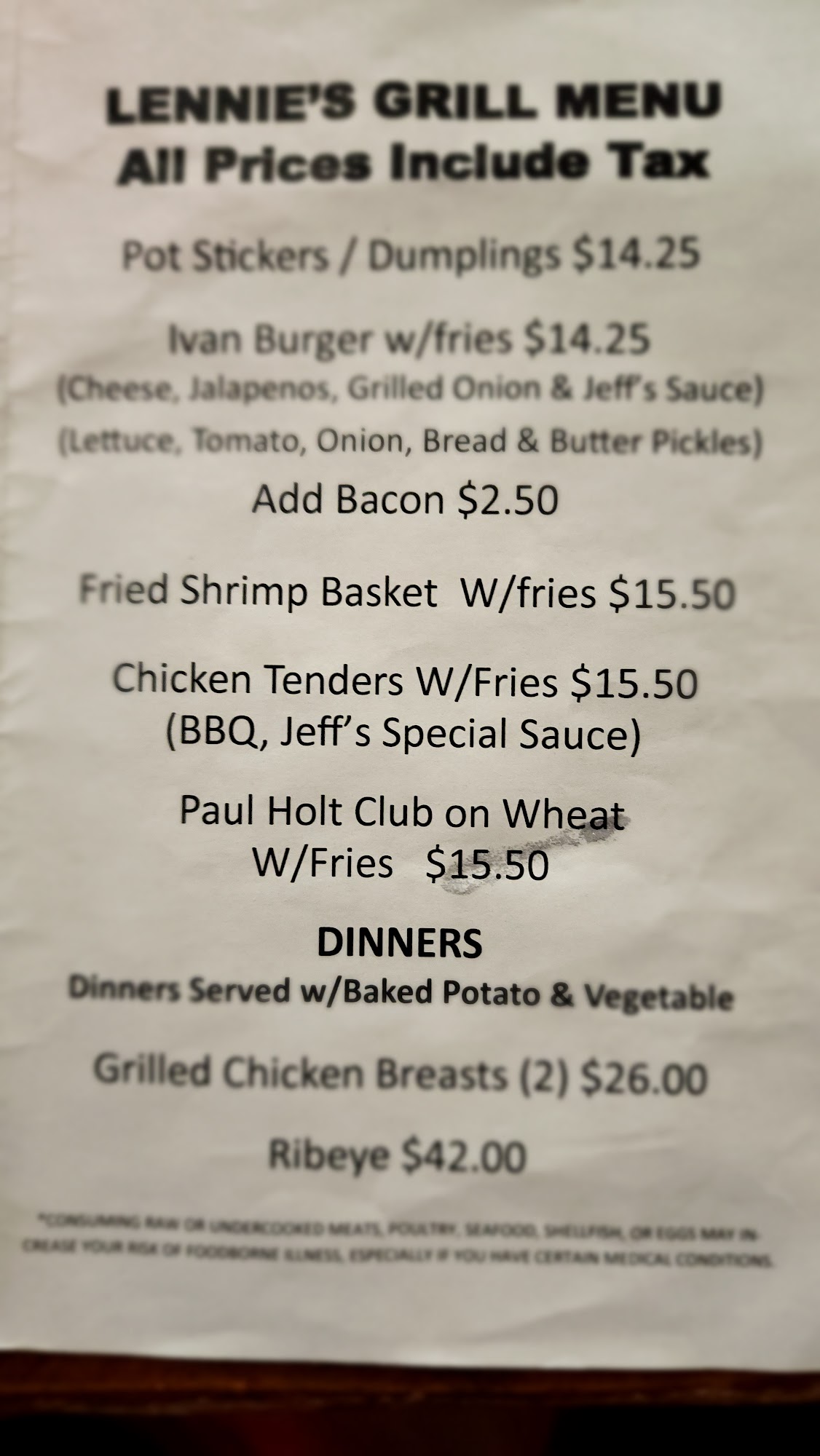 Lennie's Club & Grill Menu