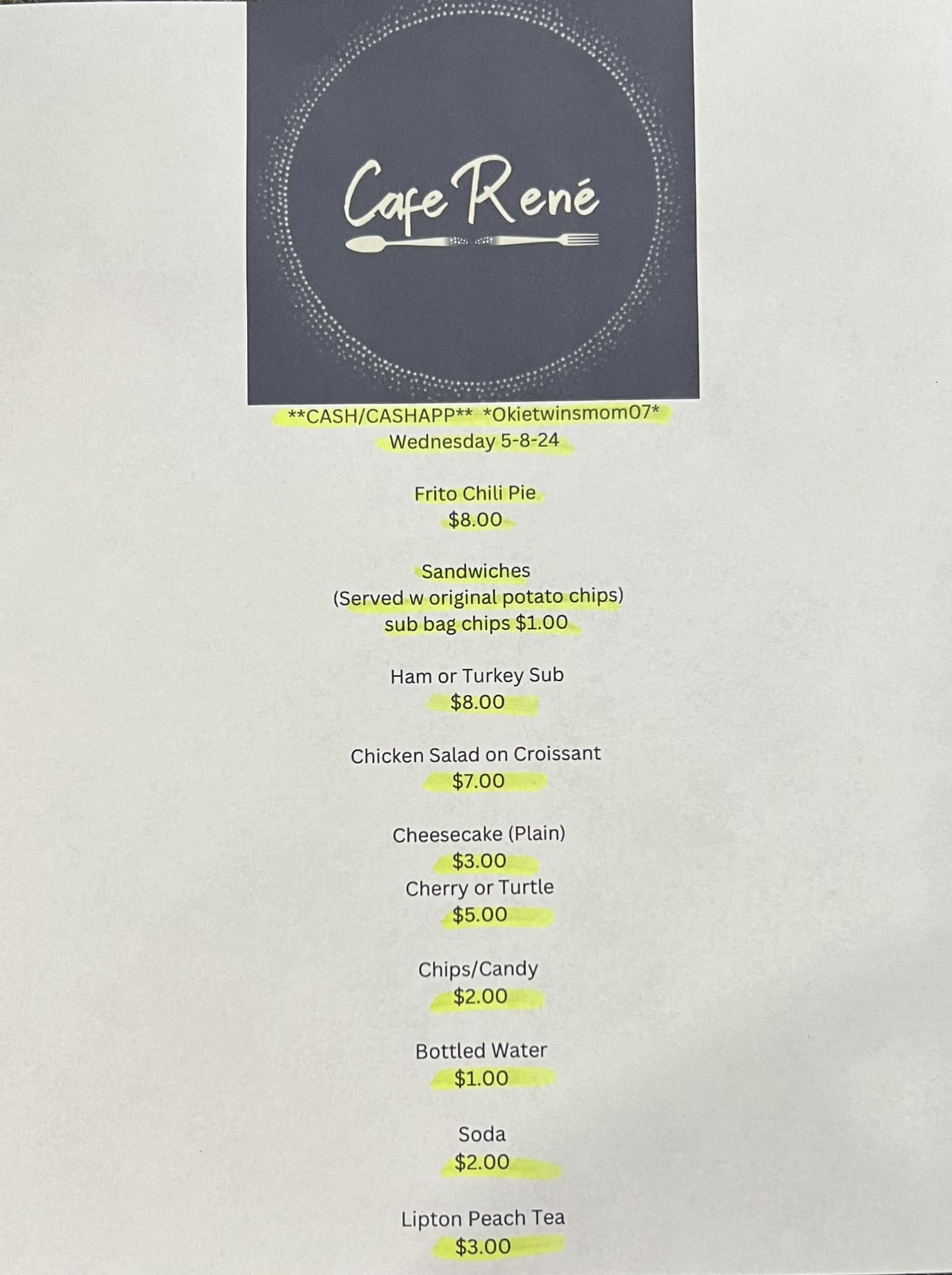 Cafe René Menu
