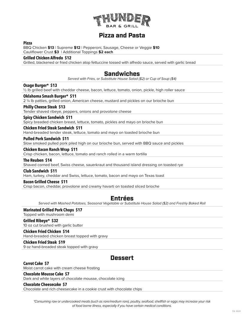 Thunder Bar & Grill Menu