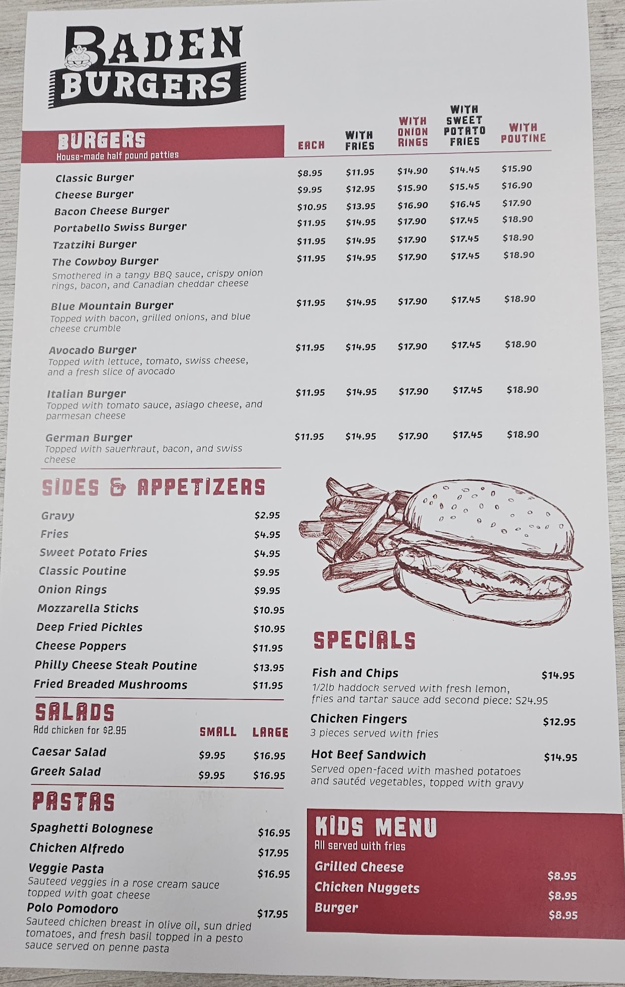 Baden Burger Restaurant Menu
