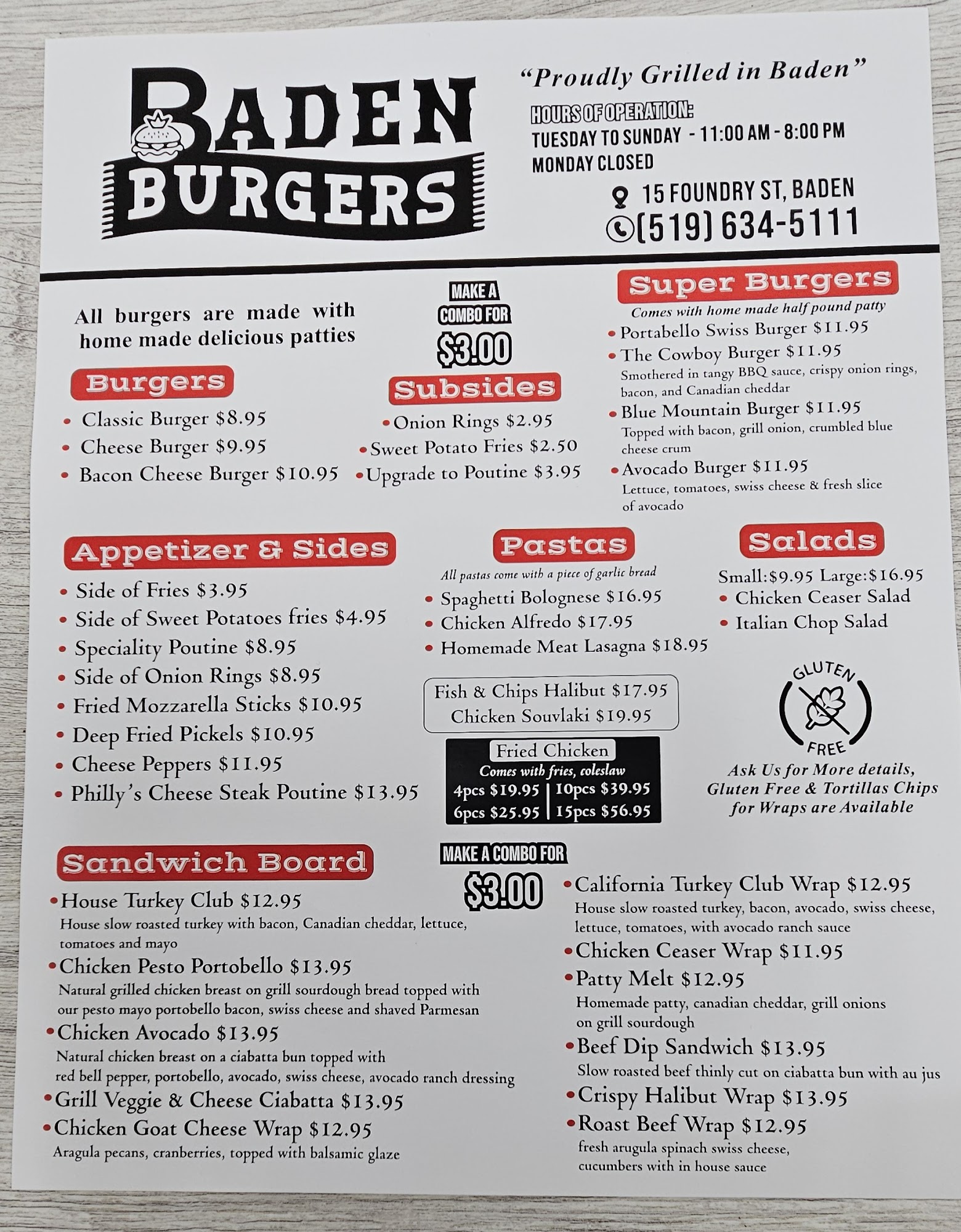 Baden Burger Restaurant Menu