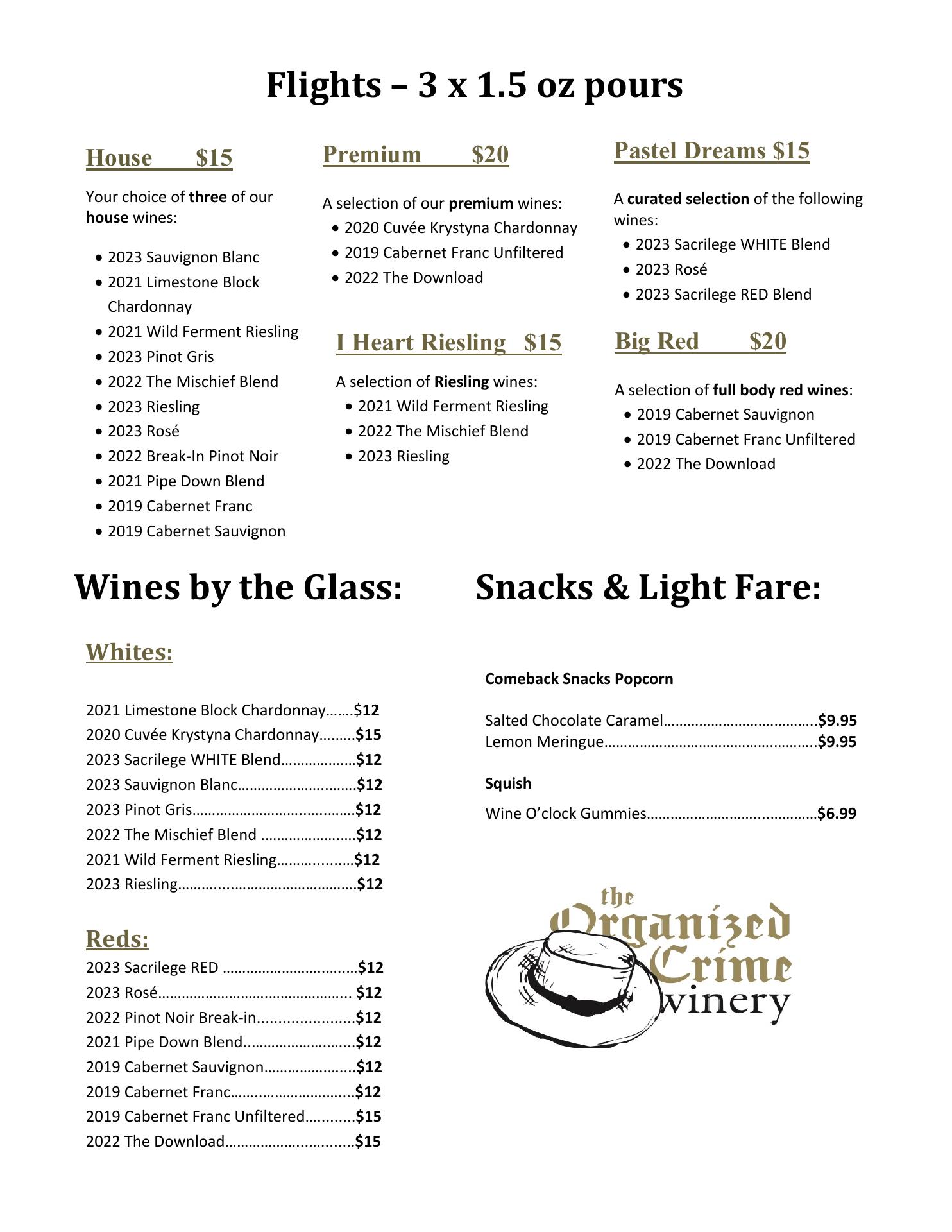 The Organized Crime Winery Menu