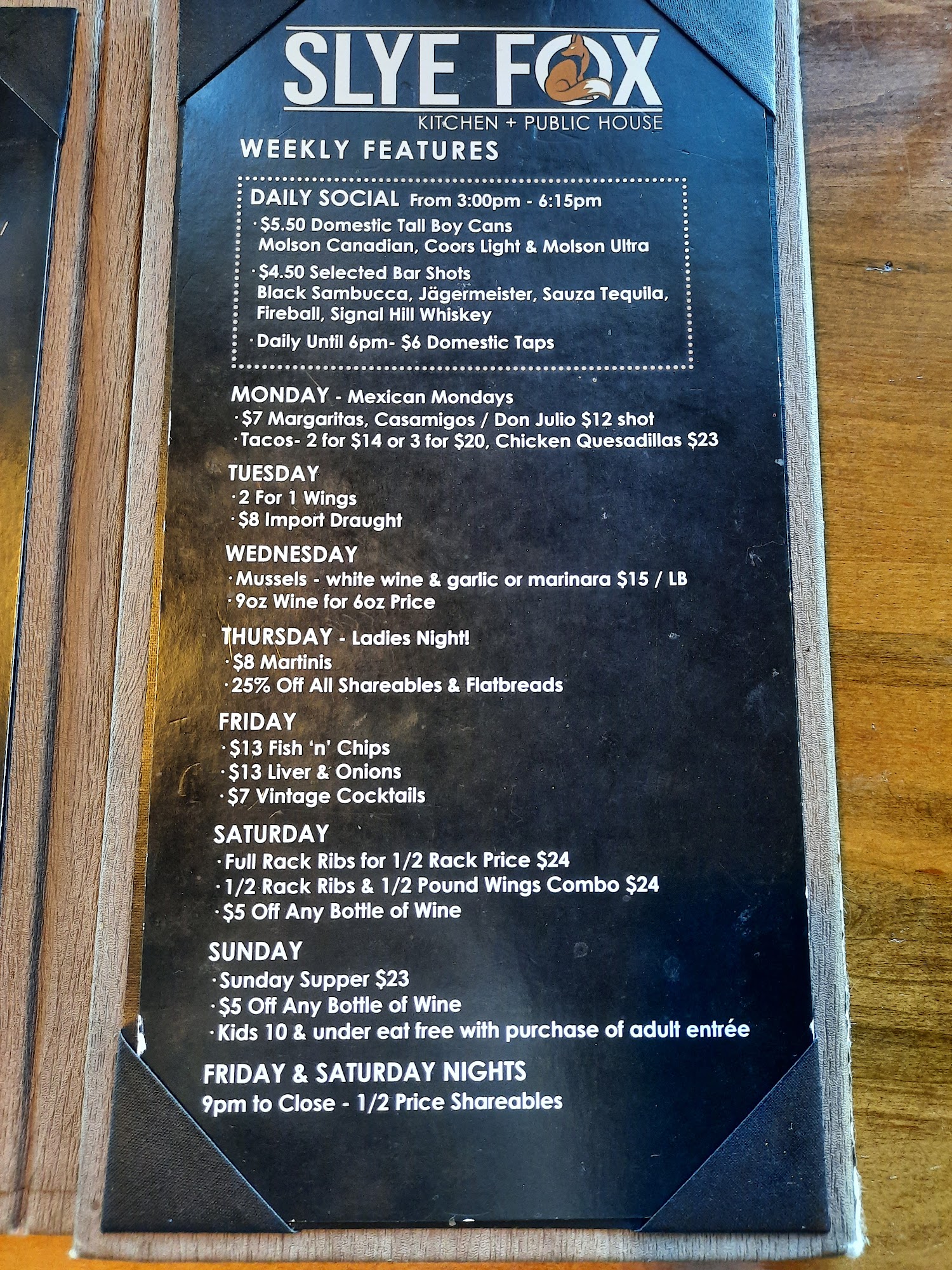 Slye Fox Binbrook Menu