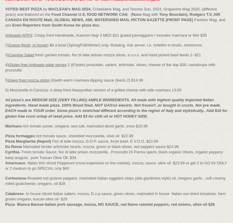 TerraCello Winery Menu