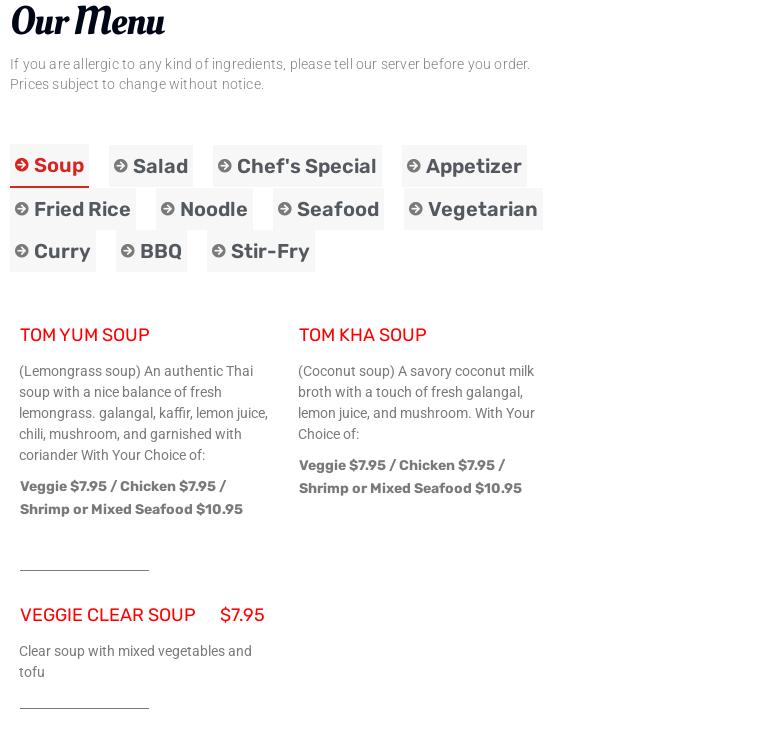 Seng's Thai Cuisine Menu