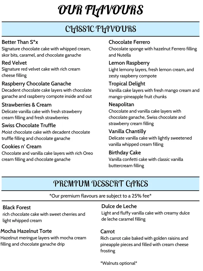 La Creme Cakes Menu