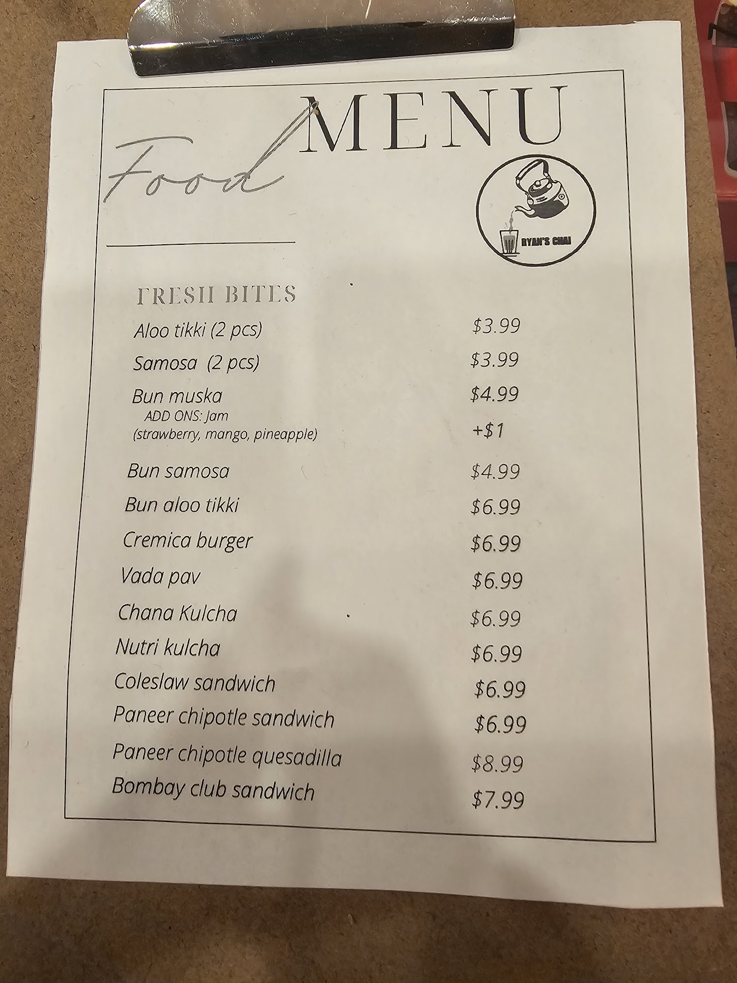 Ryan's Chai Menu