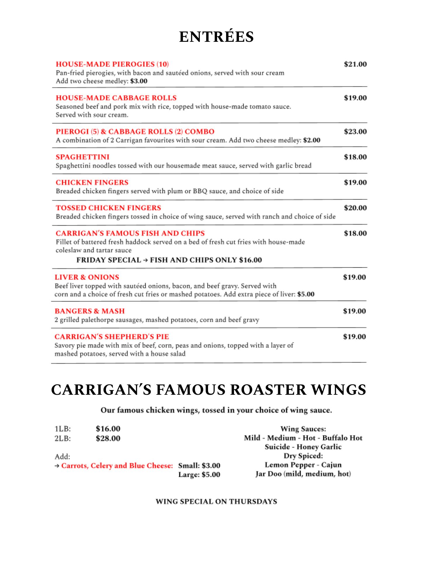 Carrigan Arms Menu