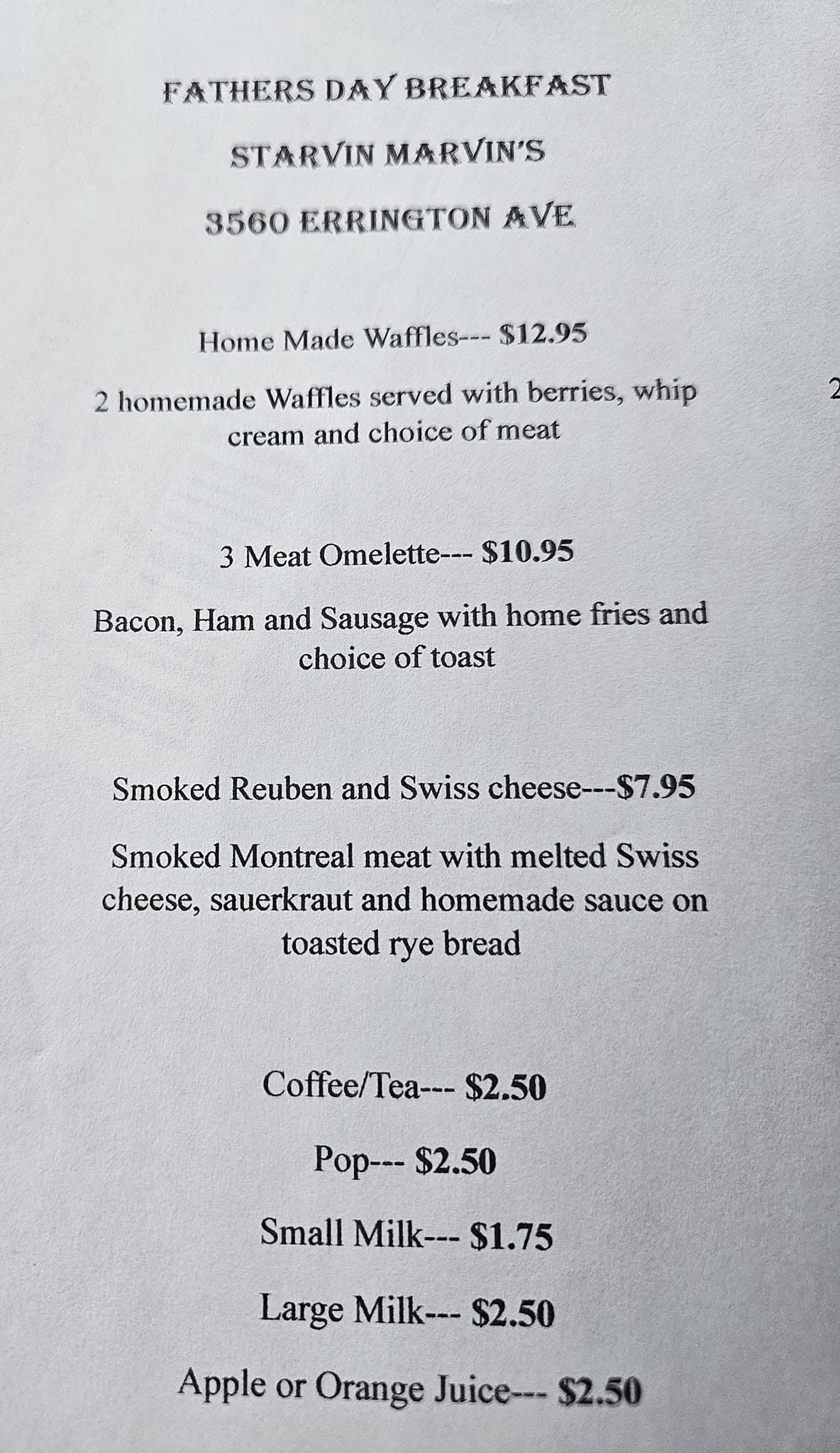 Starvin Marvin Menu